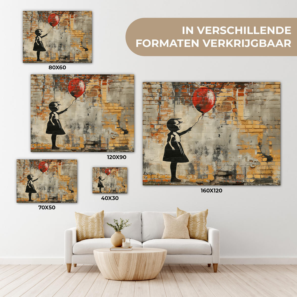 LEINWANDBILD Graffiti - Banksy - Mädchen - Straßenkunst Wandbilder 80x60 cm - Sandfarben, Textil (80/60cm) - MuchoWow