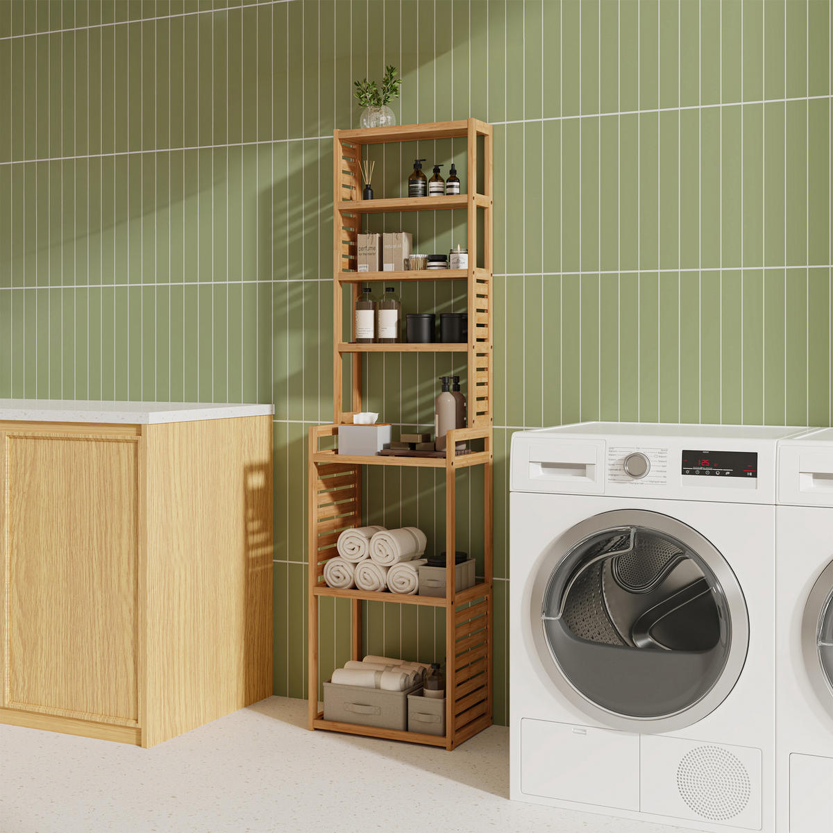 KÚPEĽŇOVÁ POLIČKA Forssa - prírodná farba, drevo (42/165/28cm) - [en.casa]