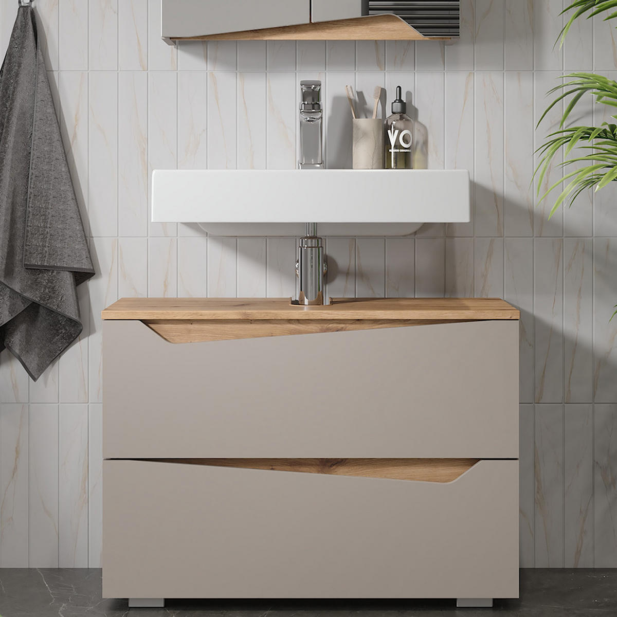 WASCHBECKENUNTERSCHRANK Marelle Greige/Artisan-Eiche 80 x 57.5 cm mit 2 Schubladen - Greige/Eiche Artisan, Holzwerkstoff (80/57.5/35cm) - Vicco