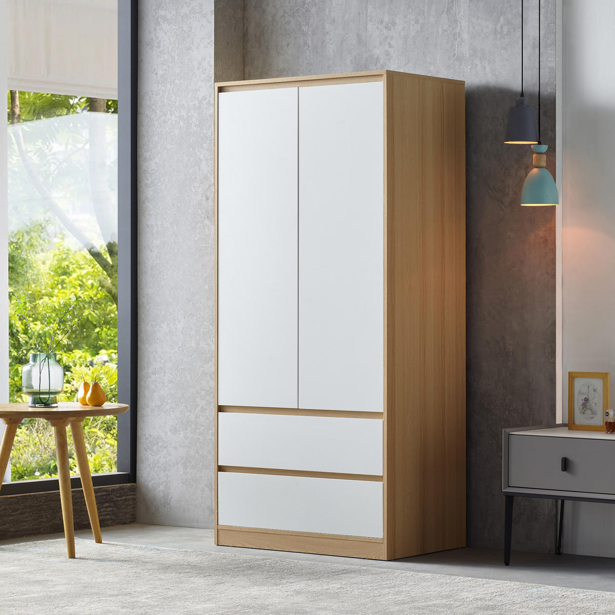 KLEIDERSCHRANK Bastheim - Eichefarben/Weiß, Holzwerkstoff (80/176/52cm) - [en.casa]