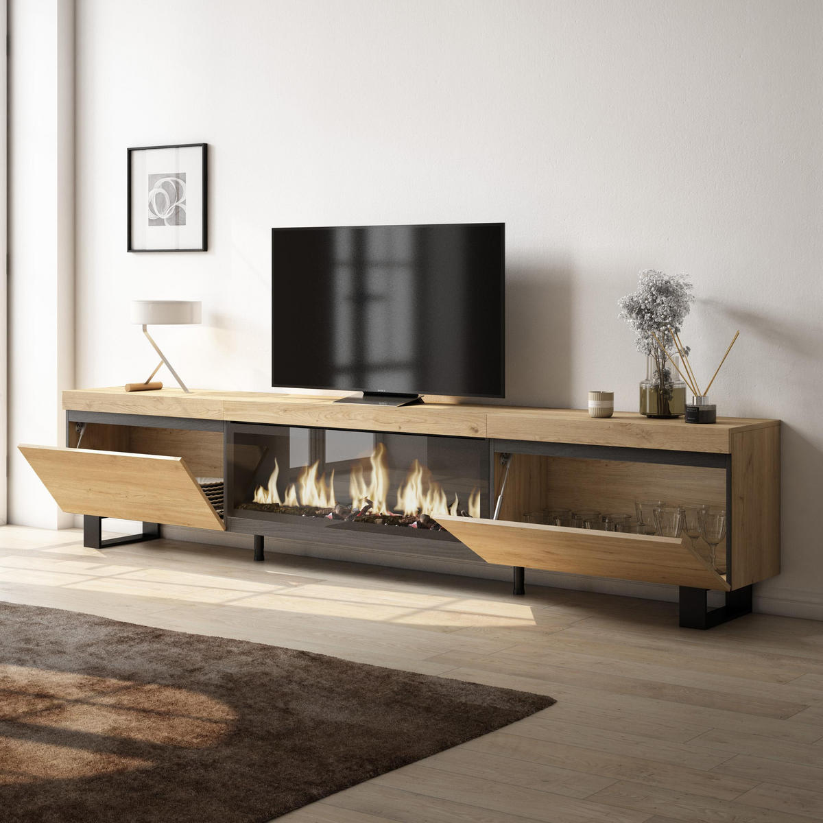 TV-SCHRANK Lowboard, Elektrokamin XXL, eiche, 267/35/57cm - Eichefarben, Holzwerkstoff (267/57/35cm) - Skraut Home
