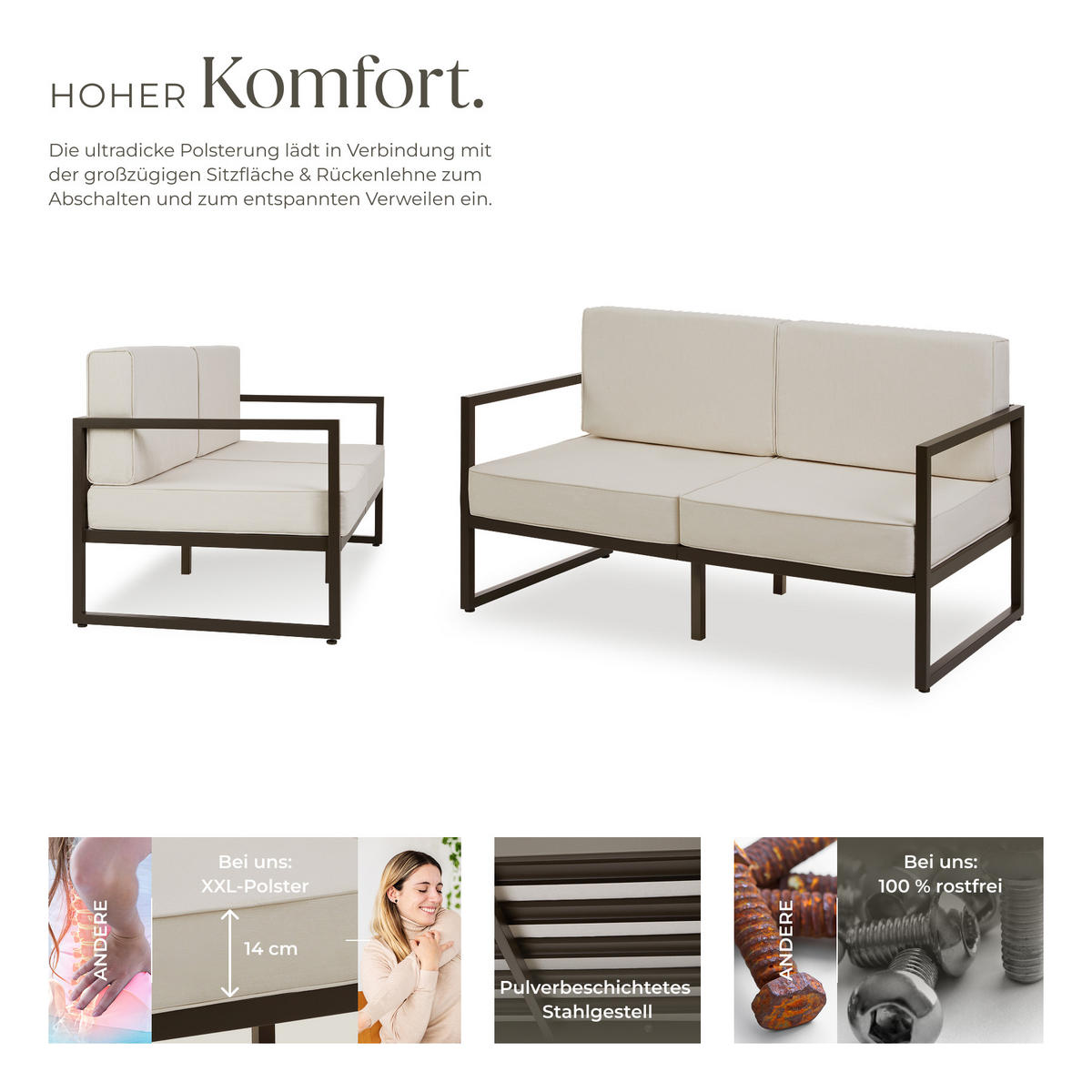 GARTEN-LOUNGESOFA Comosa,142 x 78 x 85 cm,braun/beige - Beige/Braun, Kunststoff (142/85/78cm) - tectake