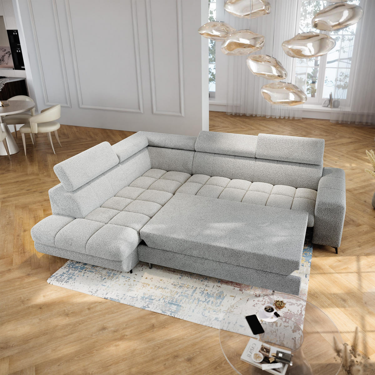ECKSOFA MORIVA Q L-S Hellgrau Boucle-Stoff mit Schlaffunktion - Hellgrau, Holzwerkstoff/Textil (253/190cm) - MASSENO