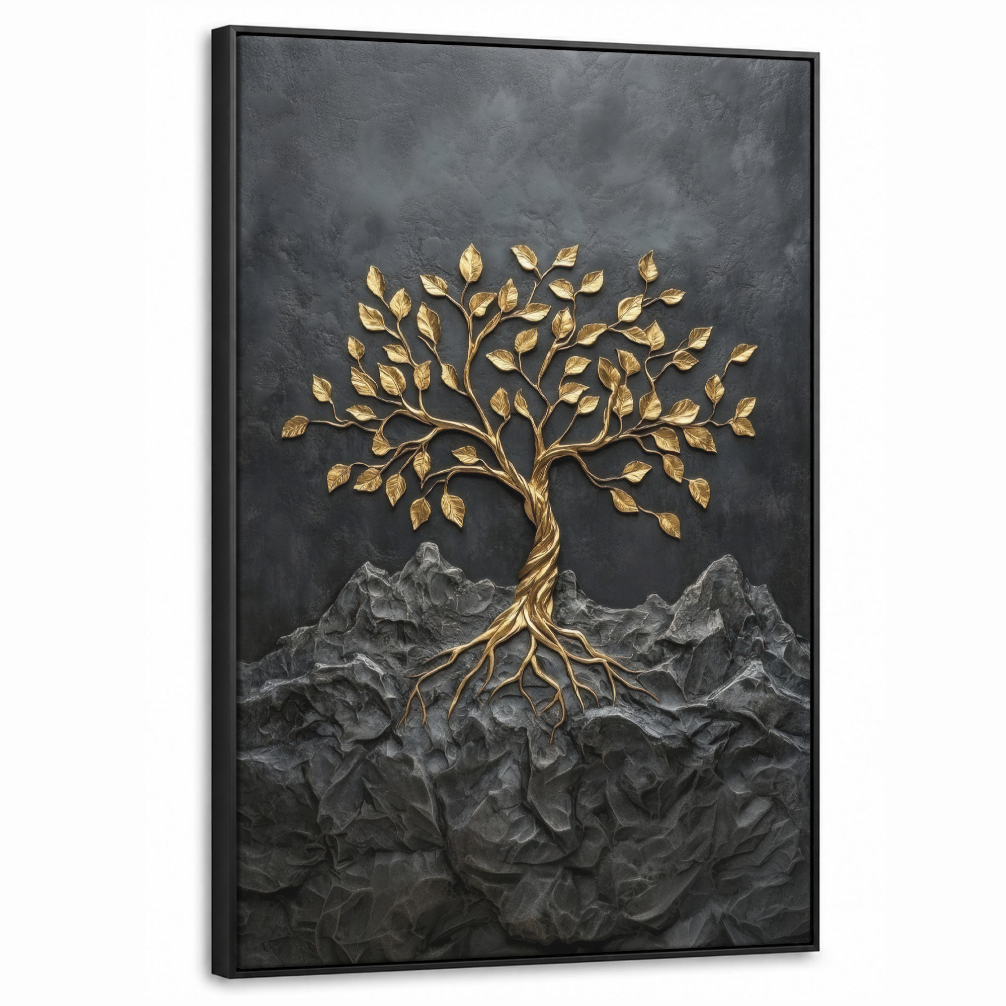 LEINWAND Bilder mit Rahmen - Blätter - Gold - Baum - Fels - 60x90 - Schwarz, Textil (60/90cm) - MuchoWow