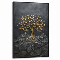 LEINWAND Bilder mit Rahmen - Blätter - Gold - Baum - Fels - 60x90 - Schwarz, Textil (60/90cm) - MuchoWow