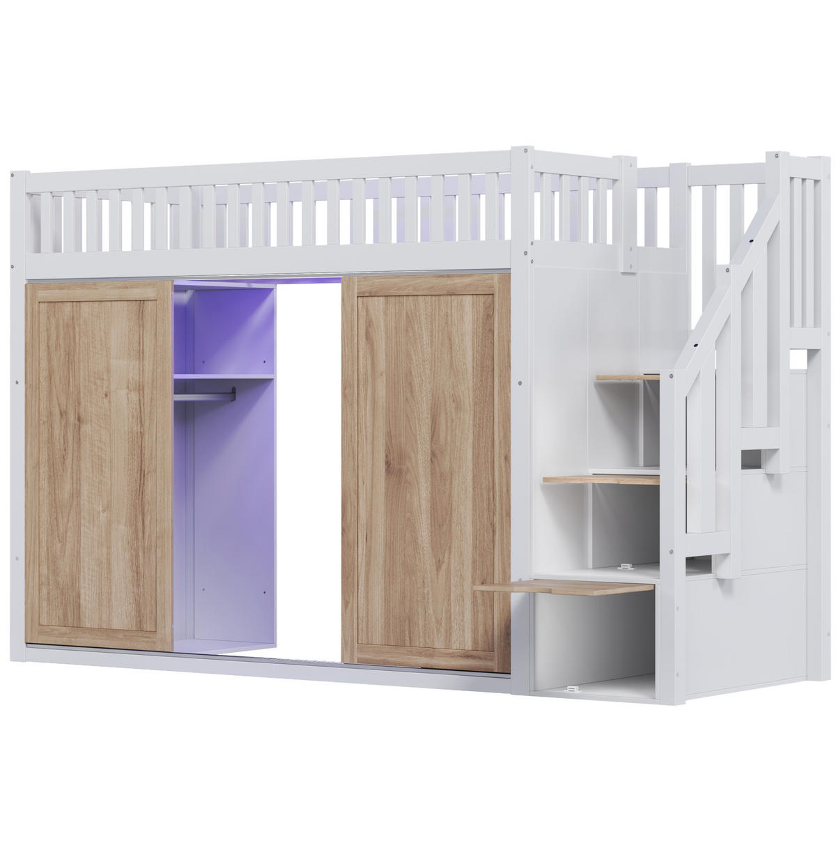 HOCHBETT 90/200 cm Weiß/Eiche mit Kleiderschrank und Treppe ohne Matratze - Weiß, Holz (90/200cm) - MIVRAY