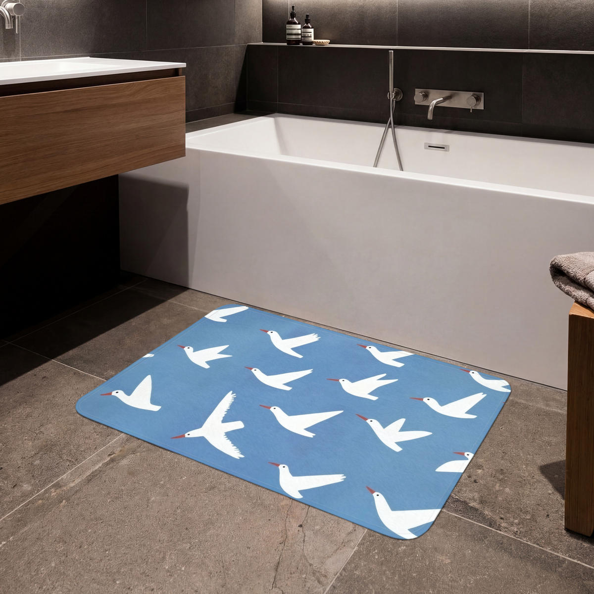 BADEMATTE Vögel - Weiß - Muster 90x60 cm - Blau, Kunststoff/Textil (90/60cm)