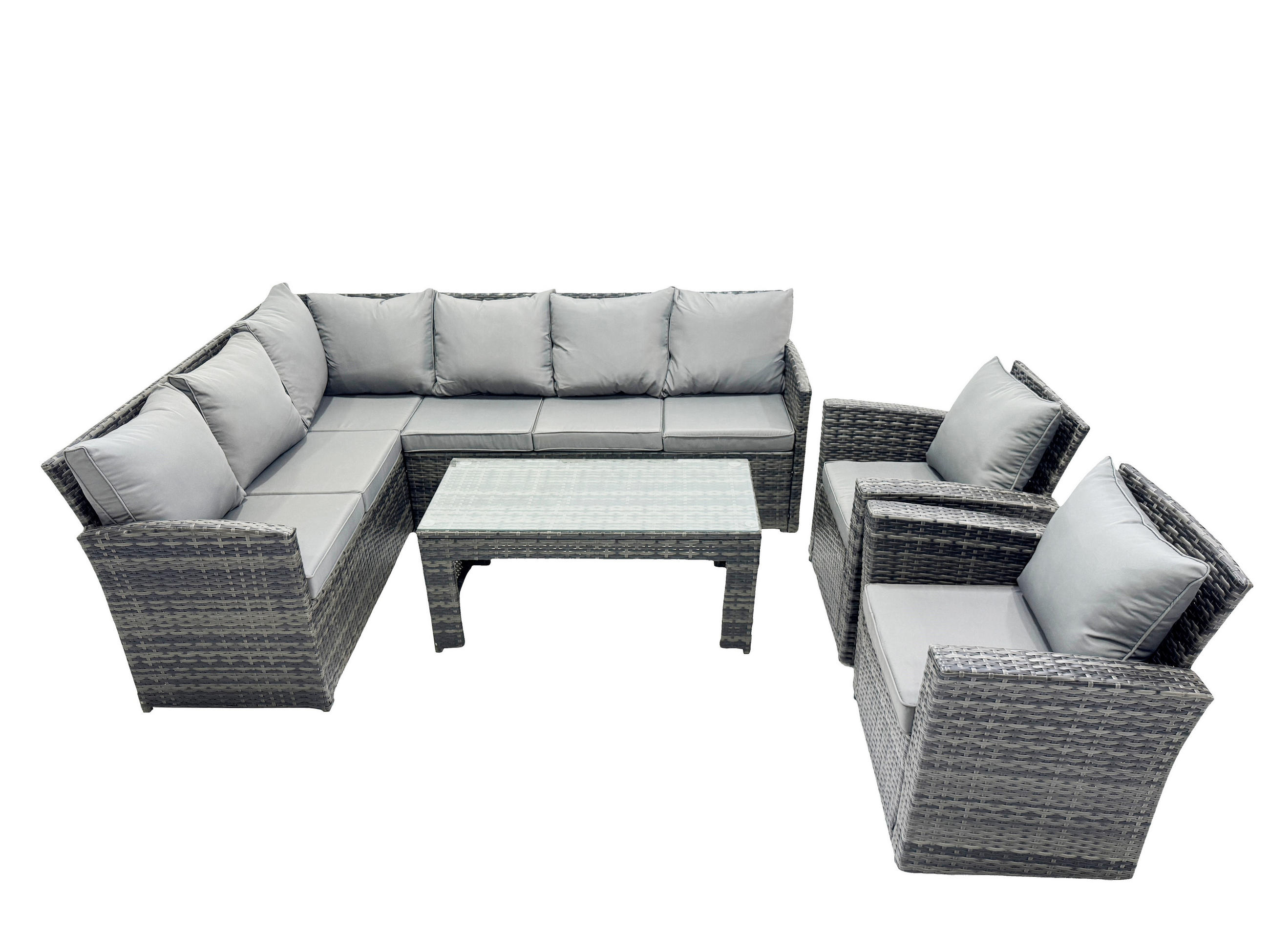 SITZGRUPPE mit Ecksofa,Länglicher Couchtisch,2 Sessel Polyrattan 8-Sitzer - Dunkelgrau/Grau, Glas/Kunststoff - Fimous