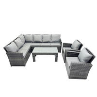 SITZGRUPPE mit Ecksofa,Länglicher Couchtisch,2 Sessel Polyrattan 8-Sitzer - Dunkelgrau/Grau, Glas/Kunststoff - Fimous