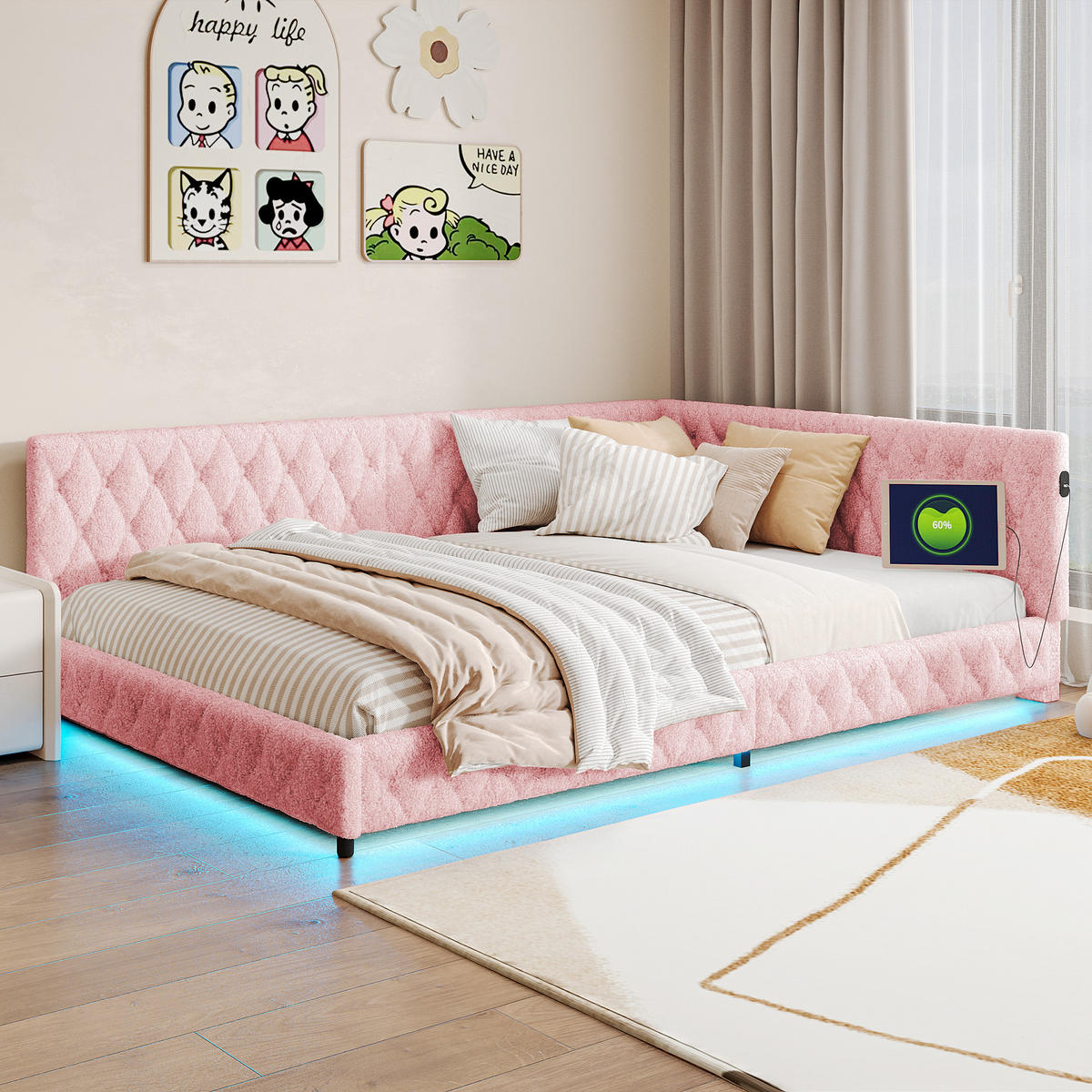 TAGESBETT Polsterbett 140x200 cm, Rosa, LED-Beleuchtung und USB-Anschluss - Rosa, Textil/Metall (140/200cm)