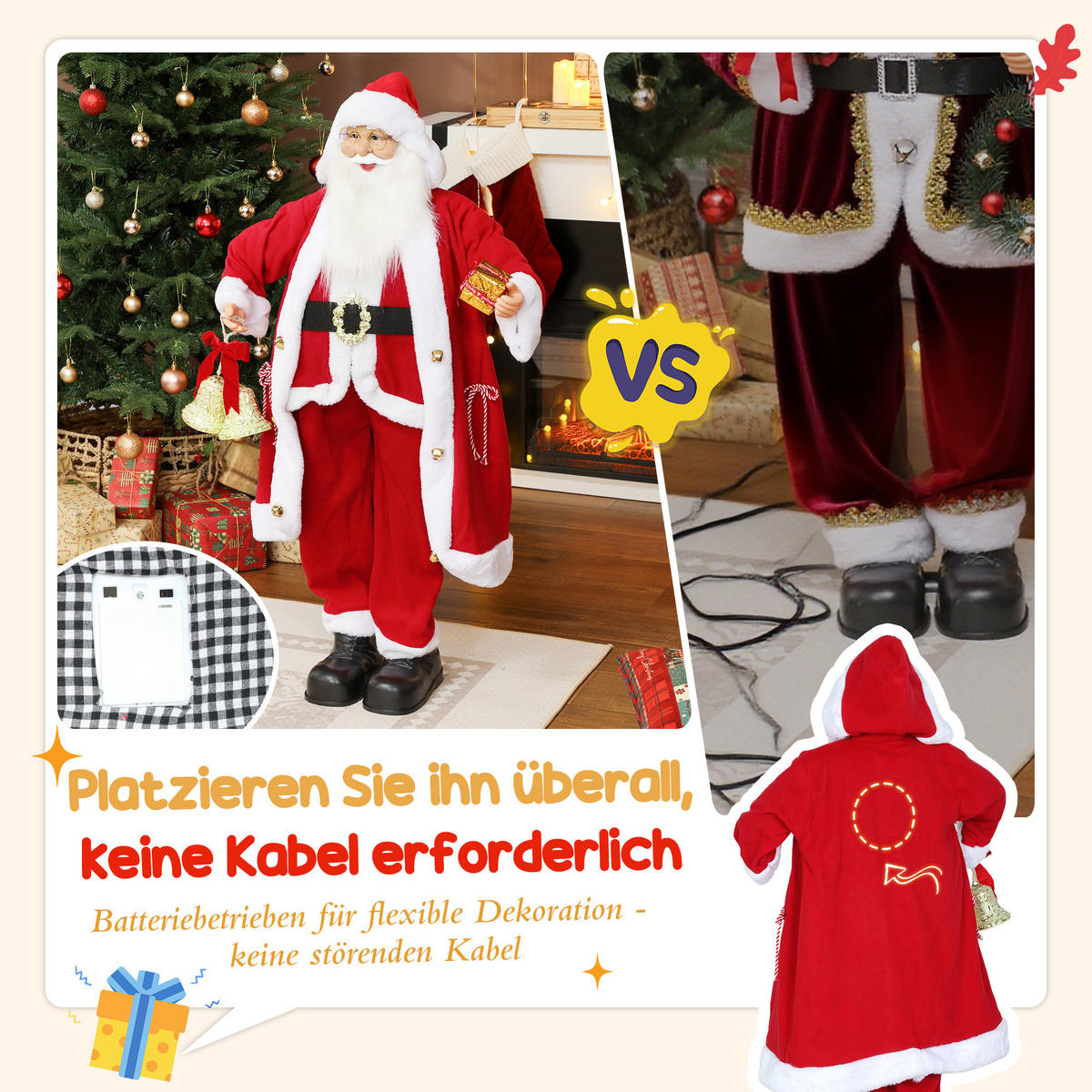 WEIHNACHTSMANN 1,15 m stehende Weihnachtsmann mit Geschenk- und Weihnachtsglock - Rot, Textil (30/115/45cm) - HOMCOM