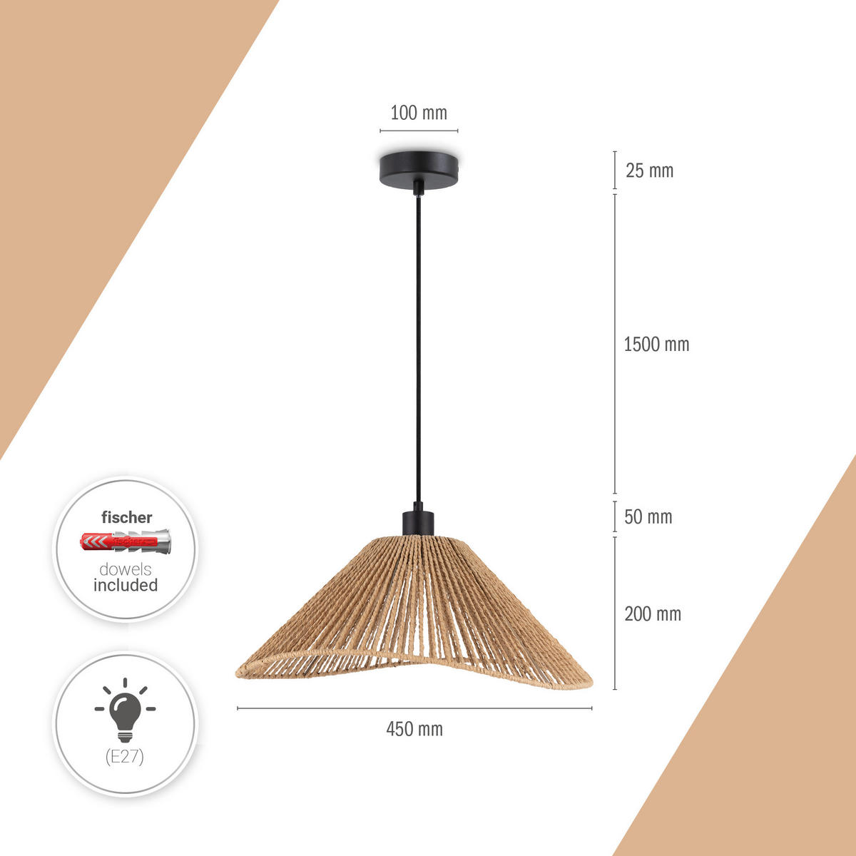 PENDELLEUCHTE Hugo - Schwarz, Metall (45/45/25cm) - Paco Home