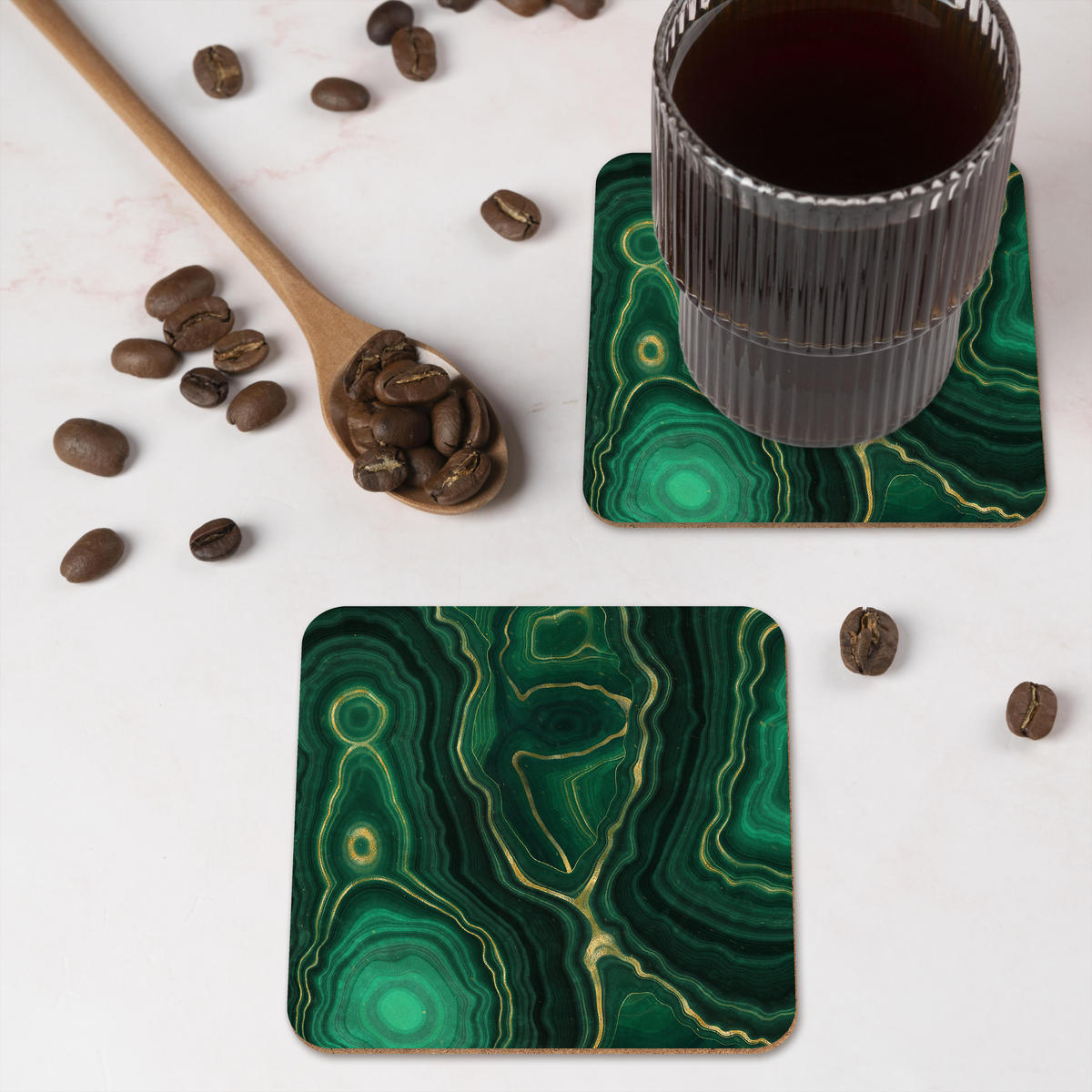 GLASUNTERSETZER 6er-Set Gold - Grün - Achatstein - Geode - Marmor 10x10 cm - Smaragdgrün, Naturmaterialien (10/0.2cm) - MuchoWow