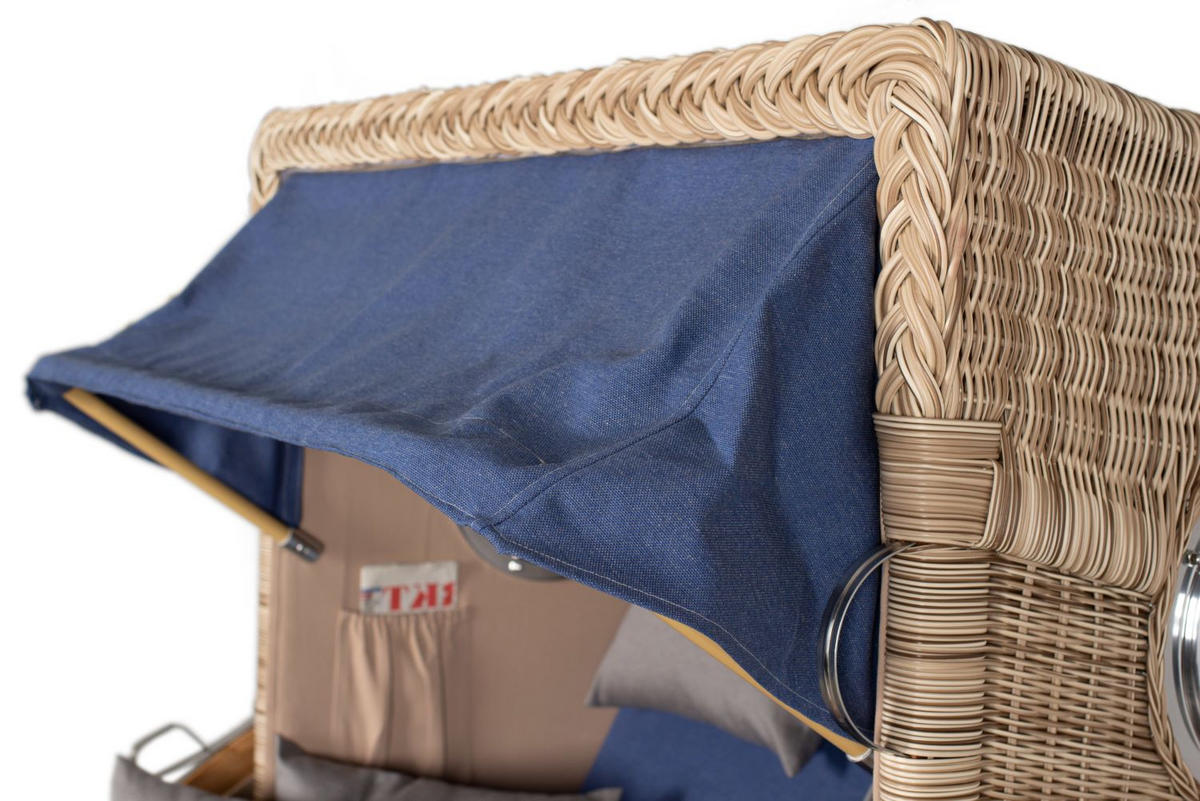 STRANDKORB Komplettset: Ammersee Teak Bullauge - PE shell - Modell 595 - Blau/Grau, Holz/Kunststoff (125/165/80cm) - bene living