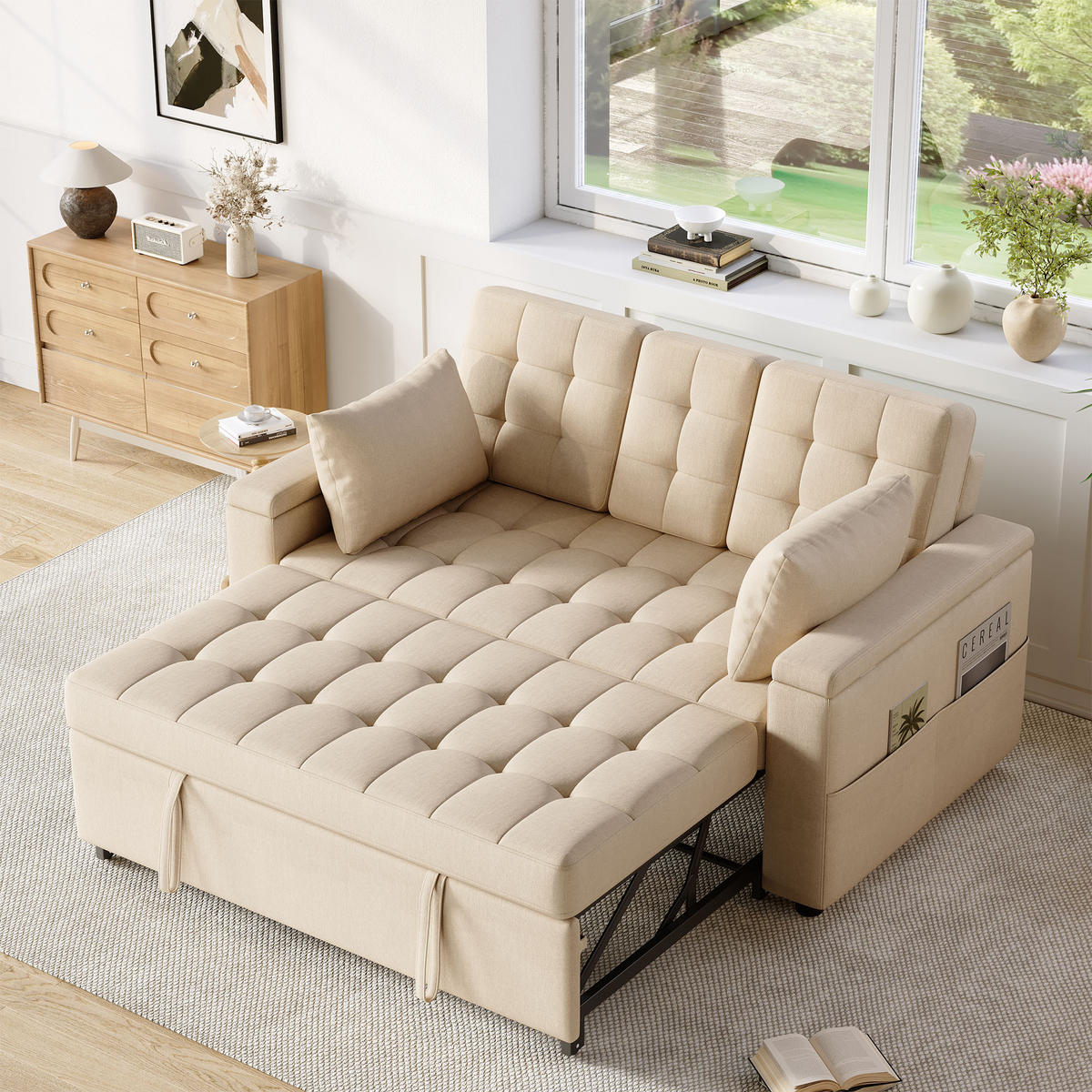 SCHLAFSOFA 159/74/92 cm Beige mit Stauraum, Verstellbarer Rückenlehne, Armlehnen-Staufächern und Kissen - Beige, Textil (159/92/142.5cm) - Oxeza