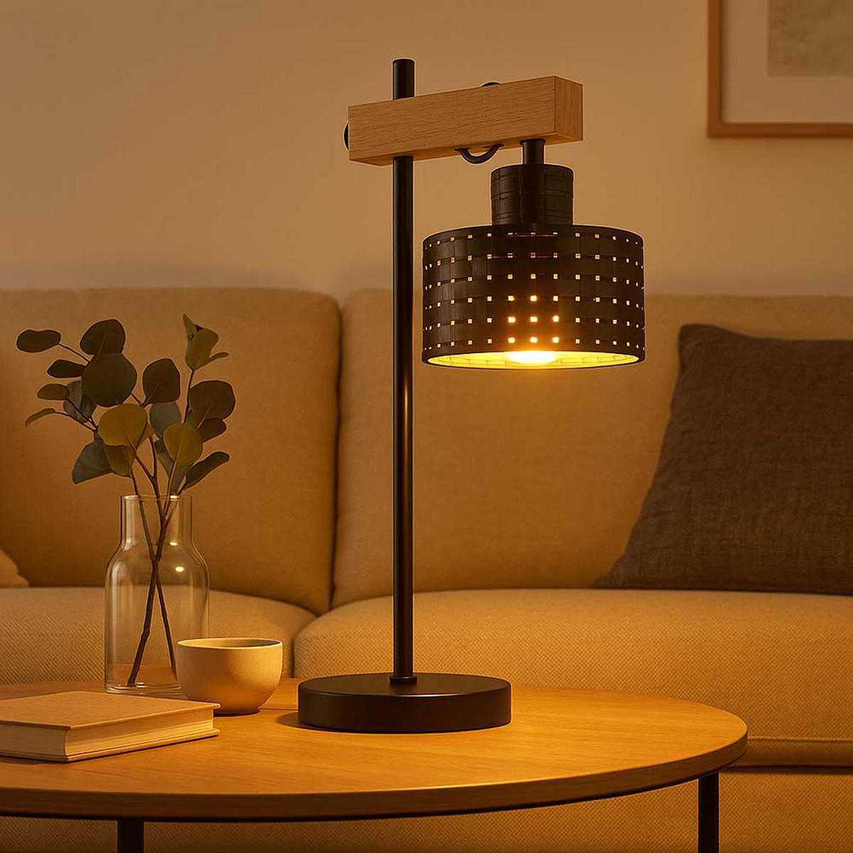 TISCHLEUCHTE Holzoptik Schwarz-Gold - Schwarz, Metall (31/18/55cm) - Globo Lighting