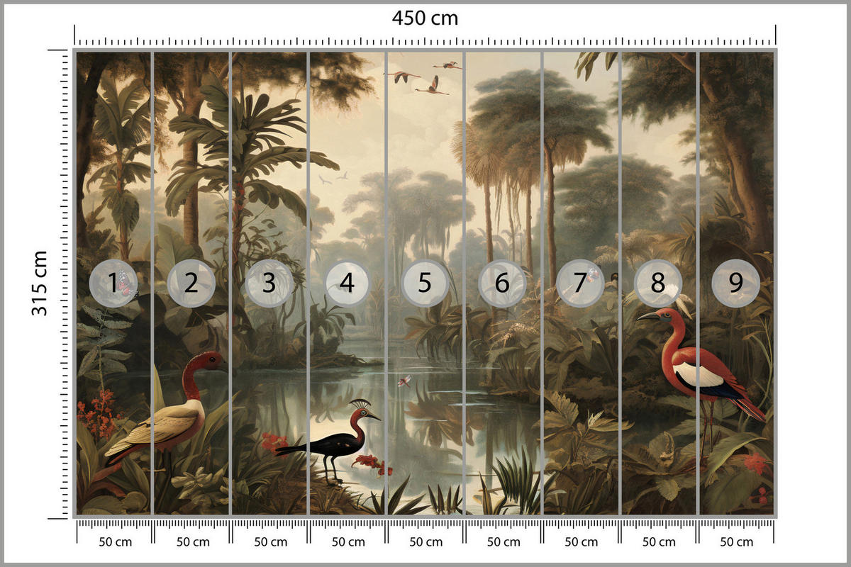 FOTOTAPETE Dschungel Tropische Pflanzen Vögel 450x315 - Gelb/Beige, Papier (450/315cm) - Muralo