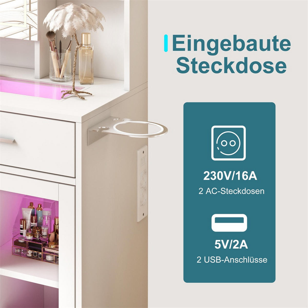 SCHMINKTISCH mit LED-Beleuchtung - Frisiertisch mit Glastischplatte und Ladestation - Haartrocknerhalter - Weiß - Weiß, Holzwerkstoff (40/145/89.8cm) - DELFA