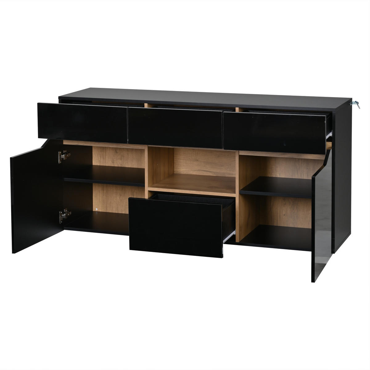 SIDEBOARD aus Spanplatte 140x40x70 cm Schwarz/Naturholz mit LED-Beleuchtung, 4 Schubladen, 2 Schränken und Hochglanz-Front - Schwarz, Holzwerkstoff (140/70/40cm) - Modfu