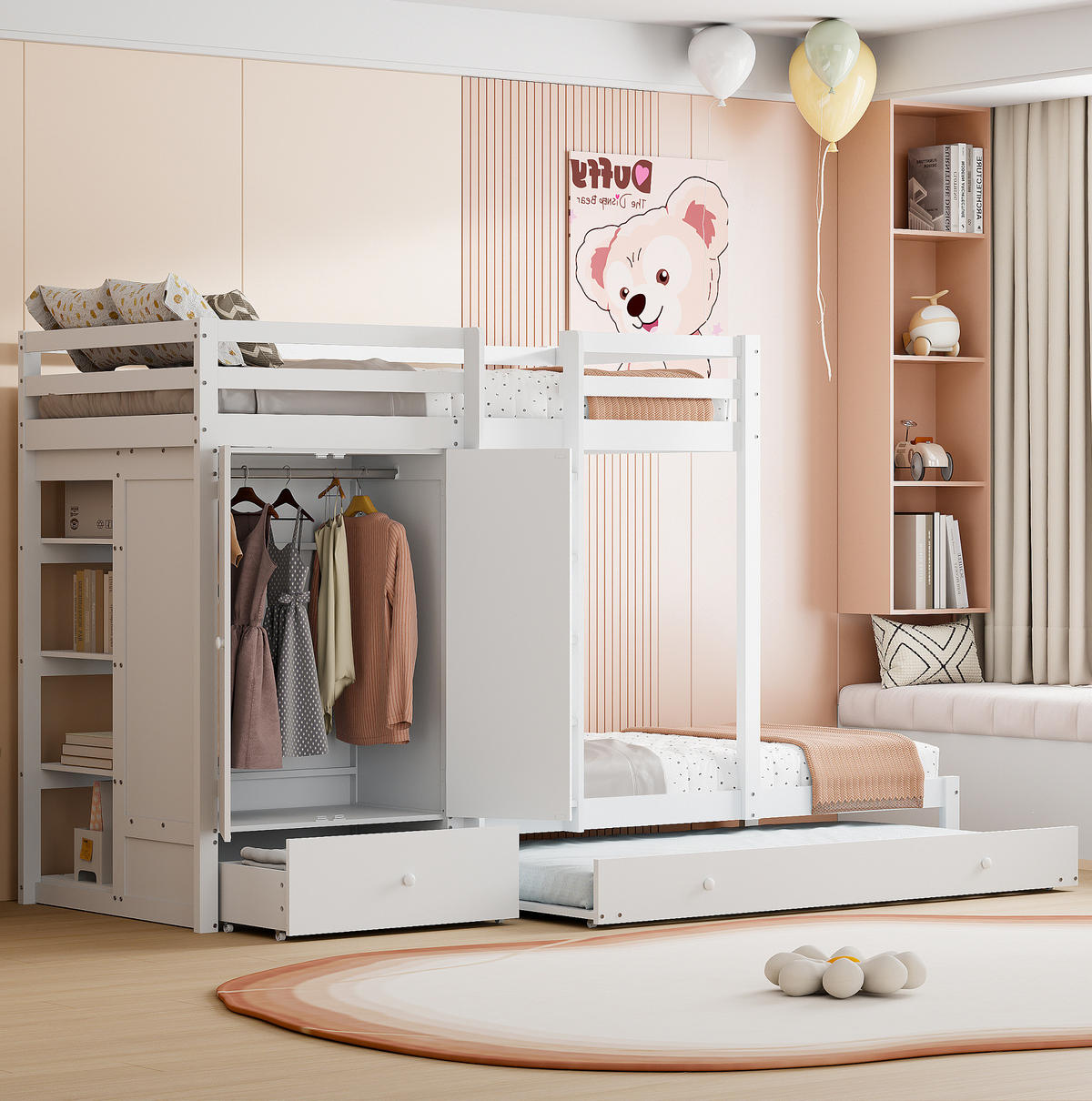 ETAGENBETT 90/200 cm Weiß aus Holz mit Ausziehbett und Kleiderschrank - Weiß, Holz (90/200cm) - Flora Grace