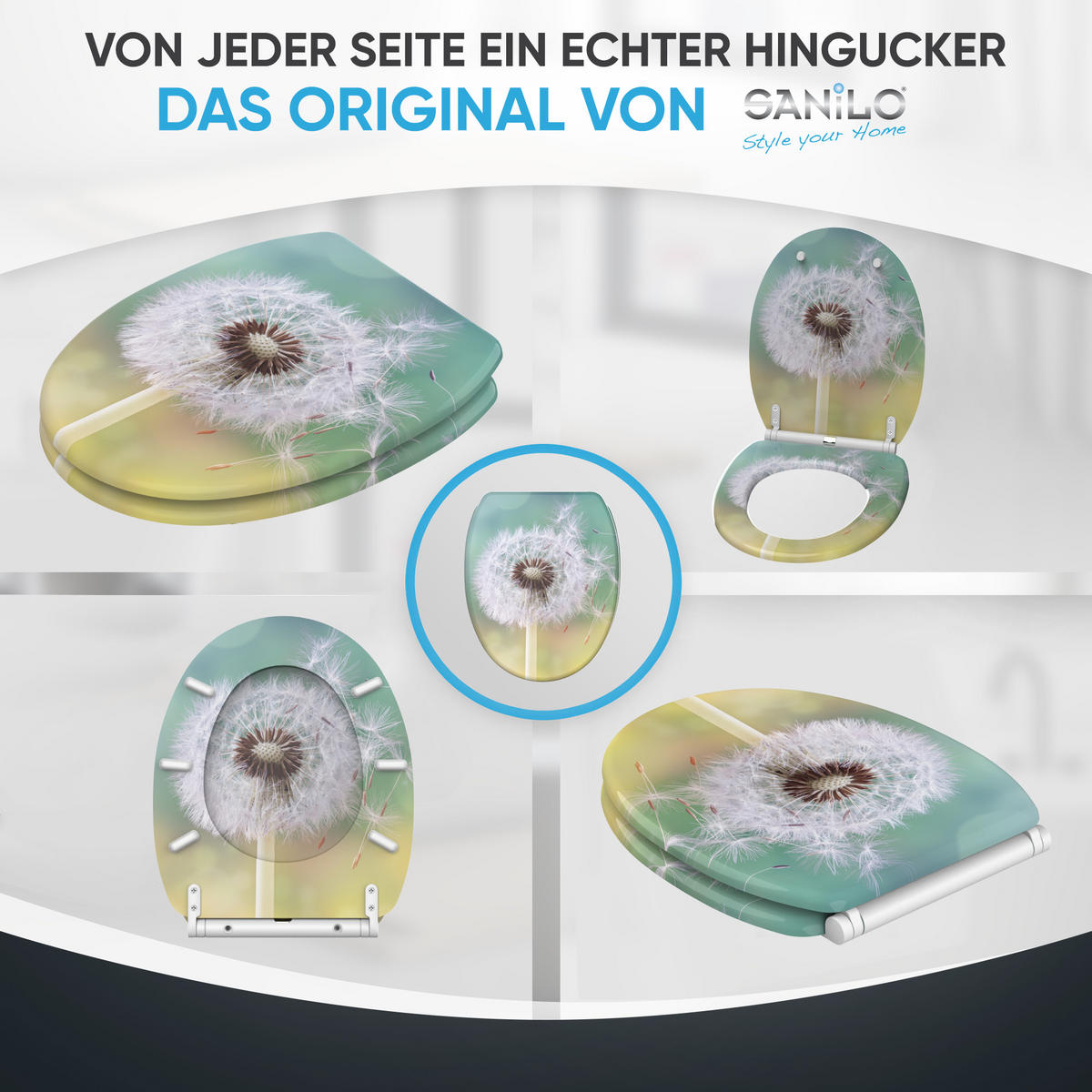 WC-SITZ mit Absenkautomatik & Top Fix Pusteblume - Türkis, Holzwerkstoff (37.7/5.5/48cm) - Sanilo