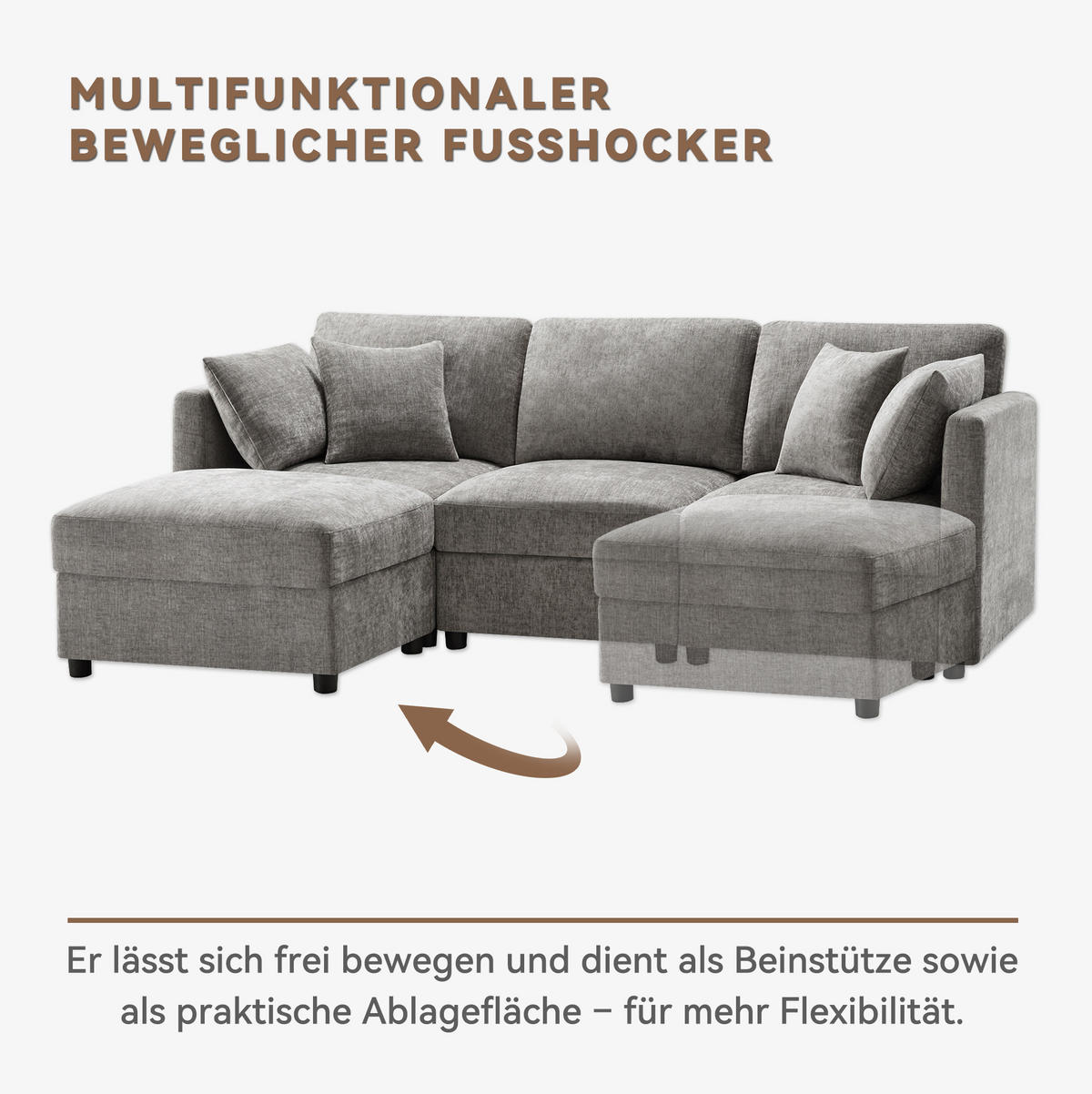 ECKSOFA, Chenille mit verstellbaren Armlehnen & Hocker, 218/156,5/86 cm, Grau - Grau, Textil (156.5/218cm) - Redom