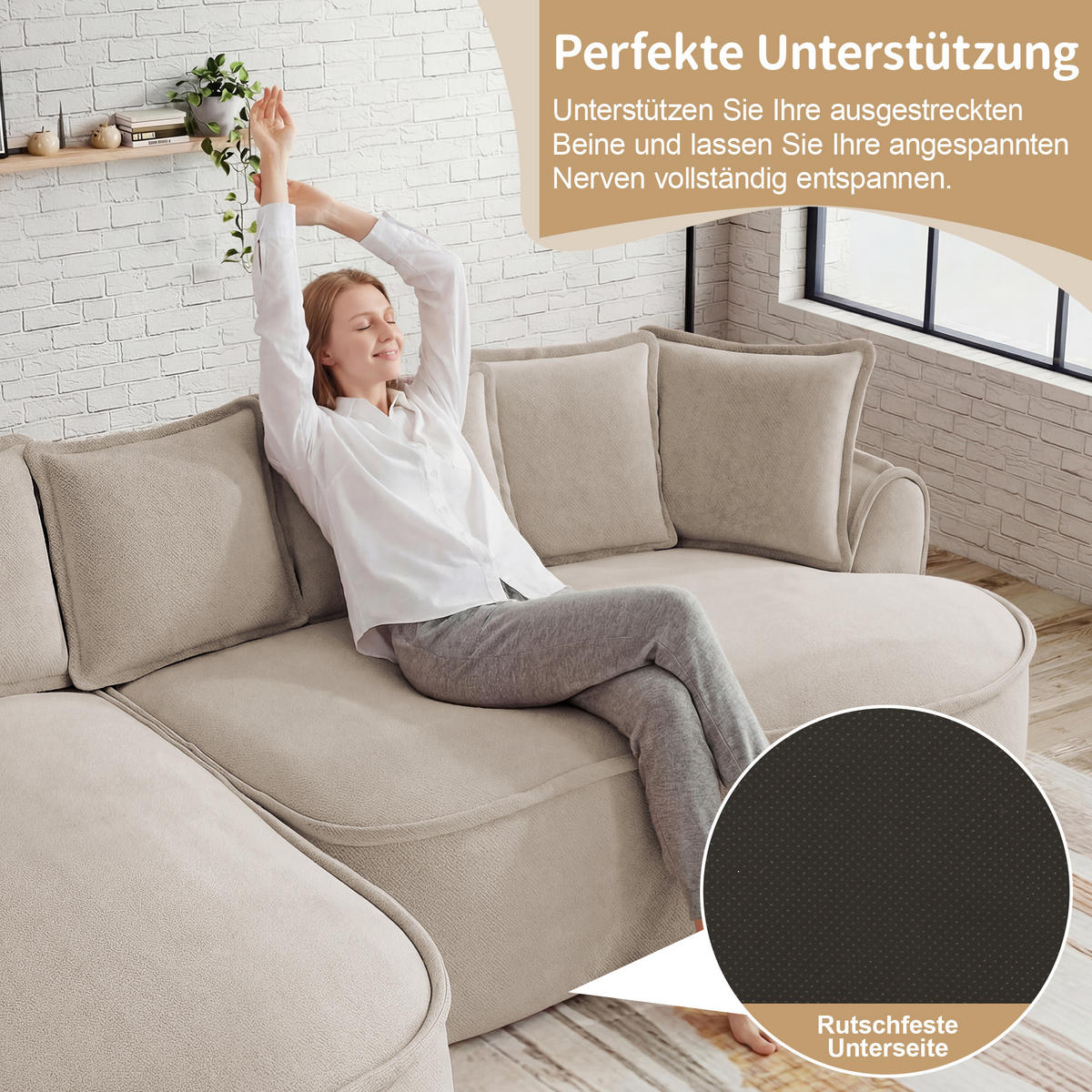 ECKSOFA chenille mit extra tiefer chaiselongue & rahmenlosem design - Hellbraun, Textil (252/164cm) - Urban Meuble