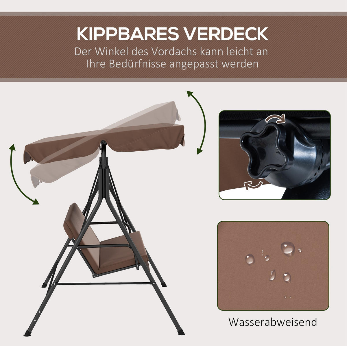 HOLLYWOODSCHAUKEL aus Stahl in Braun mit schwenkbarem Sonnendach - Braun, Metall (110/153/172cm) - Modfu