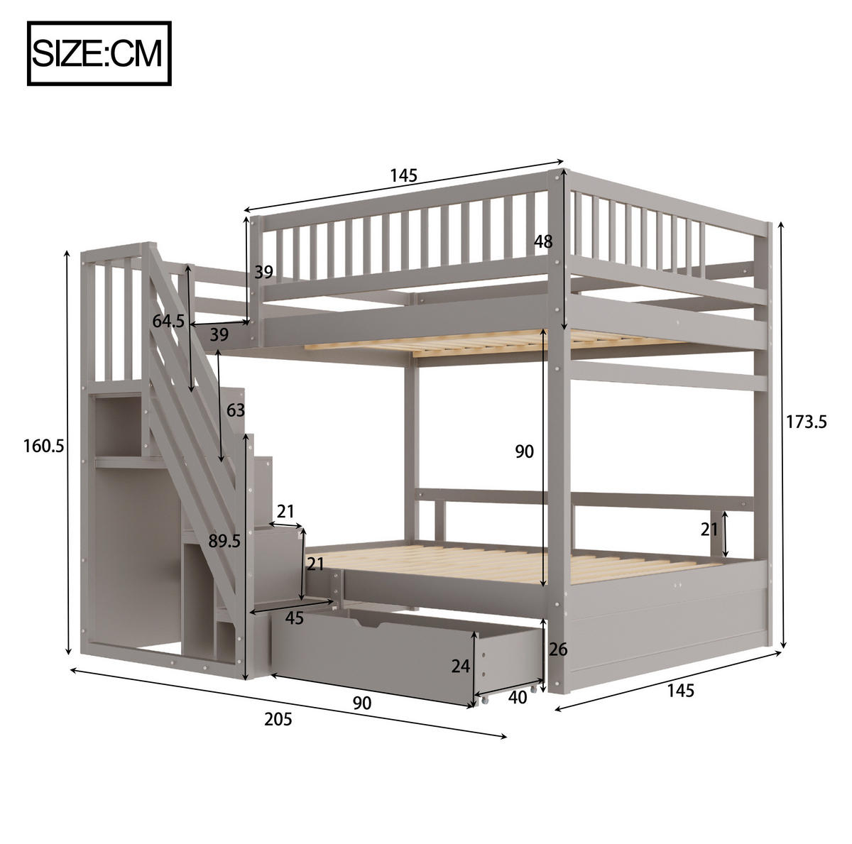 ETAGENBETT 140/200 cm Grau mit Lattenrost aus Massivholz - Grau, Holz (140/200cm) - MIVRAY