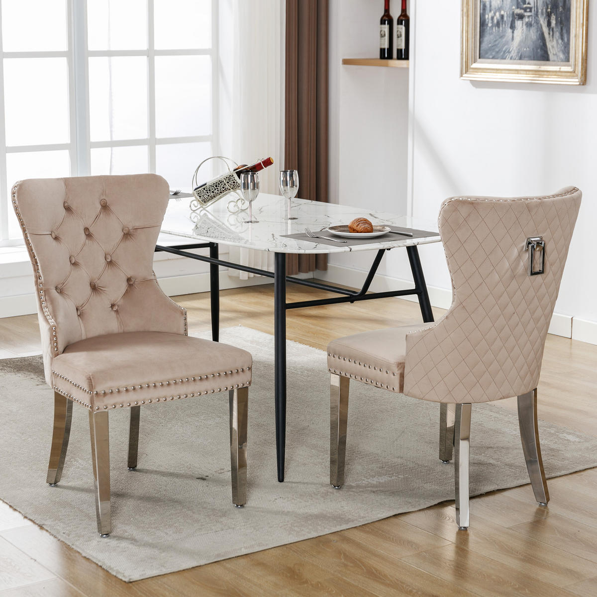 ESSZIMMERSTUHL 2er-Set mit Samtpolsterung, Massivholz-Metall-Gestell und Pin-Kopf Dekoration im modernen Design, beige - Beige, Textil (62.5/94.5/53cm) - Luhomfu