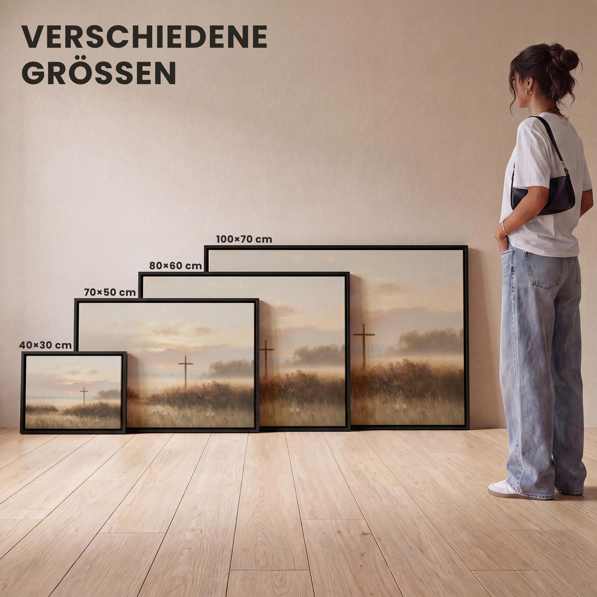 LEINWAND Bilder mit Rahmen - Gras - Morgennebel - Kreuz - Christentum - 100x70 - Beige, Textil (100/70cm) - MuchoWow