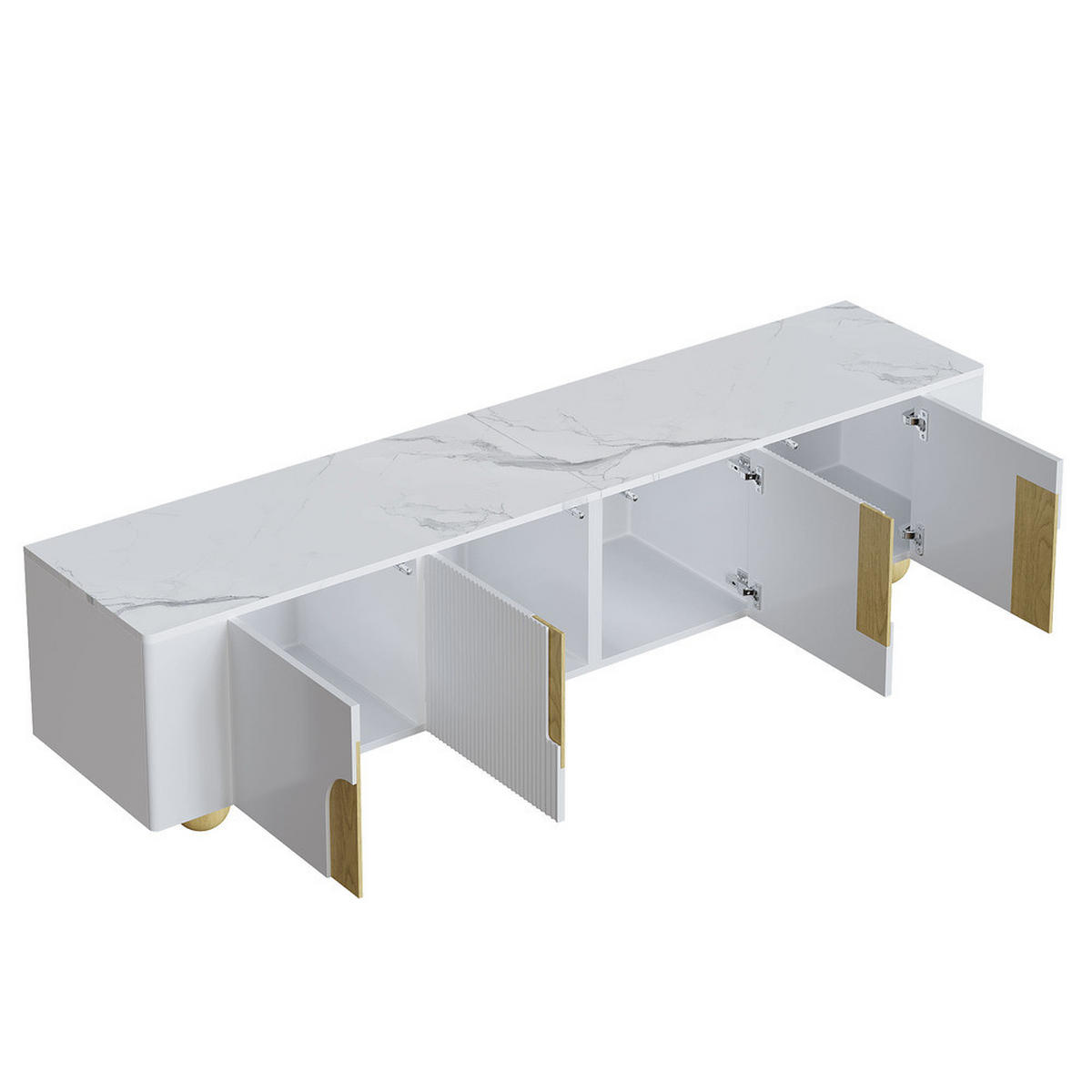 TV-SCHRANK 180cm Weiß 4 Türen Marmoroptik kugelförmige Holzfüße - Weiß, Holz (43.99/35.18/50.8cm) - FLIEKS