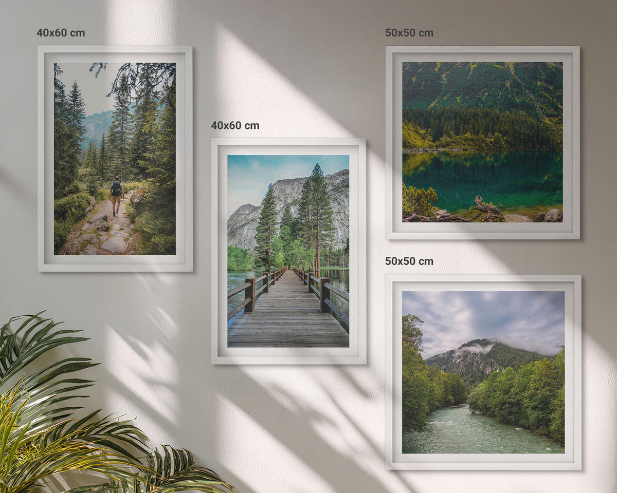 BILDER SET 4er Set - 50x50 cm & 40x60 cm Weißer Rahmen - Berge, Seen, Wälder, Wege - Weiß, Kunststoff (50/50cm) - TULUP