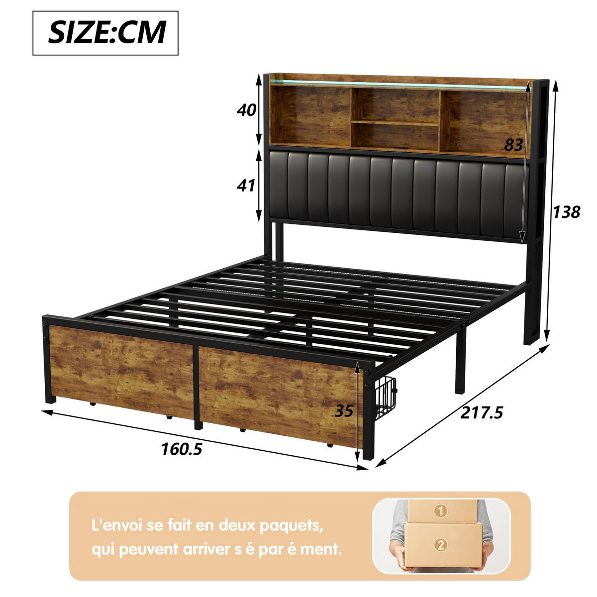 POLSTERBETT 160x200 cm, Schwarz, mit Schubladen, LED, USB - Schwarz, Textil/Metall (160/200cm)