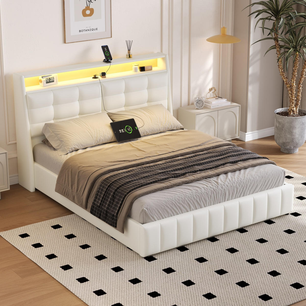 POLSTERBETT aus MDF, Sperrholz und PU 160x200 cm Weiß mit LED-Beleuchtung, USB-Anschluss, Stauraum und verstellbarem Kopfteil - Weiß, Textil (160/200cm) - Modfu