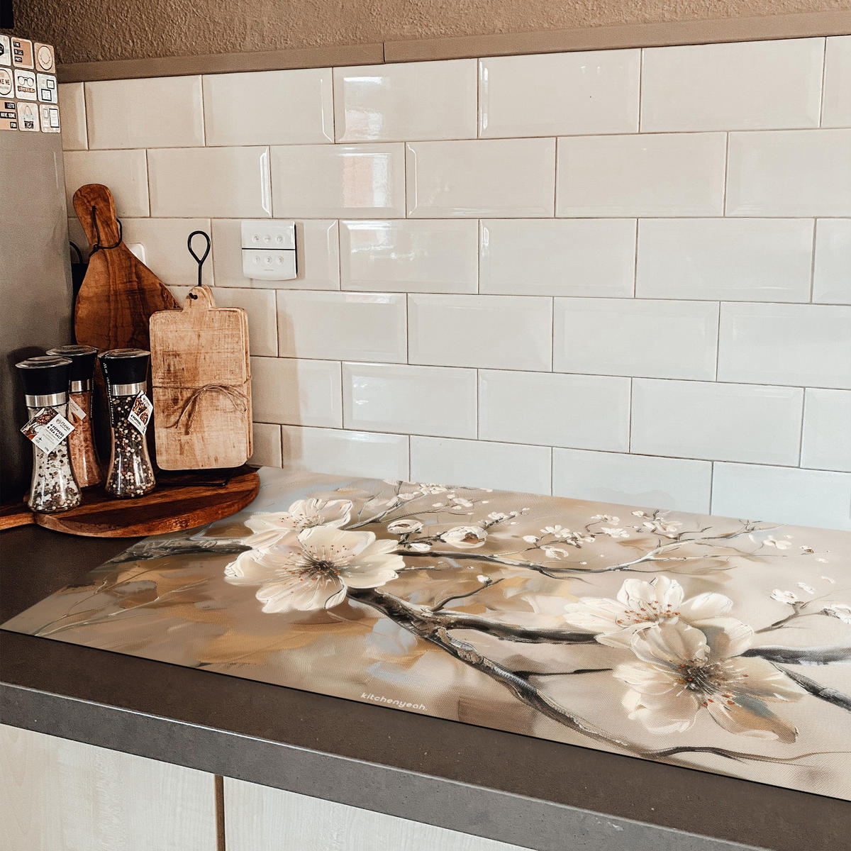 HERDABDECKPLATTE Blumen - Abstrakt - Gemalt - Beige 90x52 cm - Kaschmir, Kunststoff (90/0.2/52cm) - MuchoWow