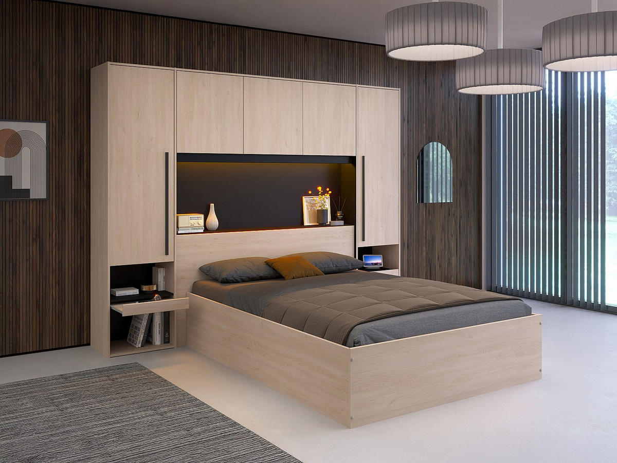 BETT mit Bettkasten - 2 Personen - Holz, Platte - Schwarz, Naturfarben Hell - Schwarz/Naturfarben, Holz (140/190cm) - Vente-Unique