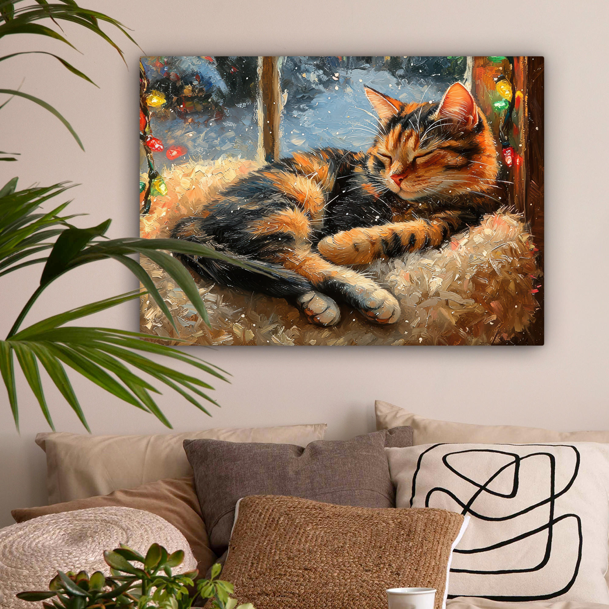 LEINWANDBILD Katze - Weihnachten - Winter - Tier Wandbilder 80x60 cm - Bernsteinfarben, Textil (80/60cm) - MuchoWow