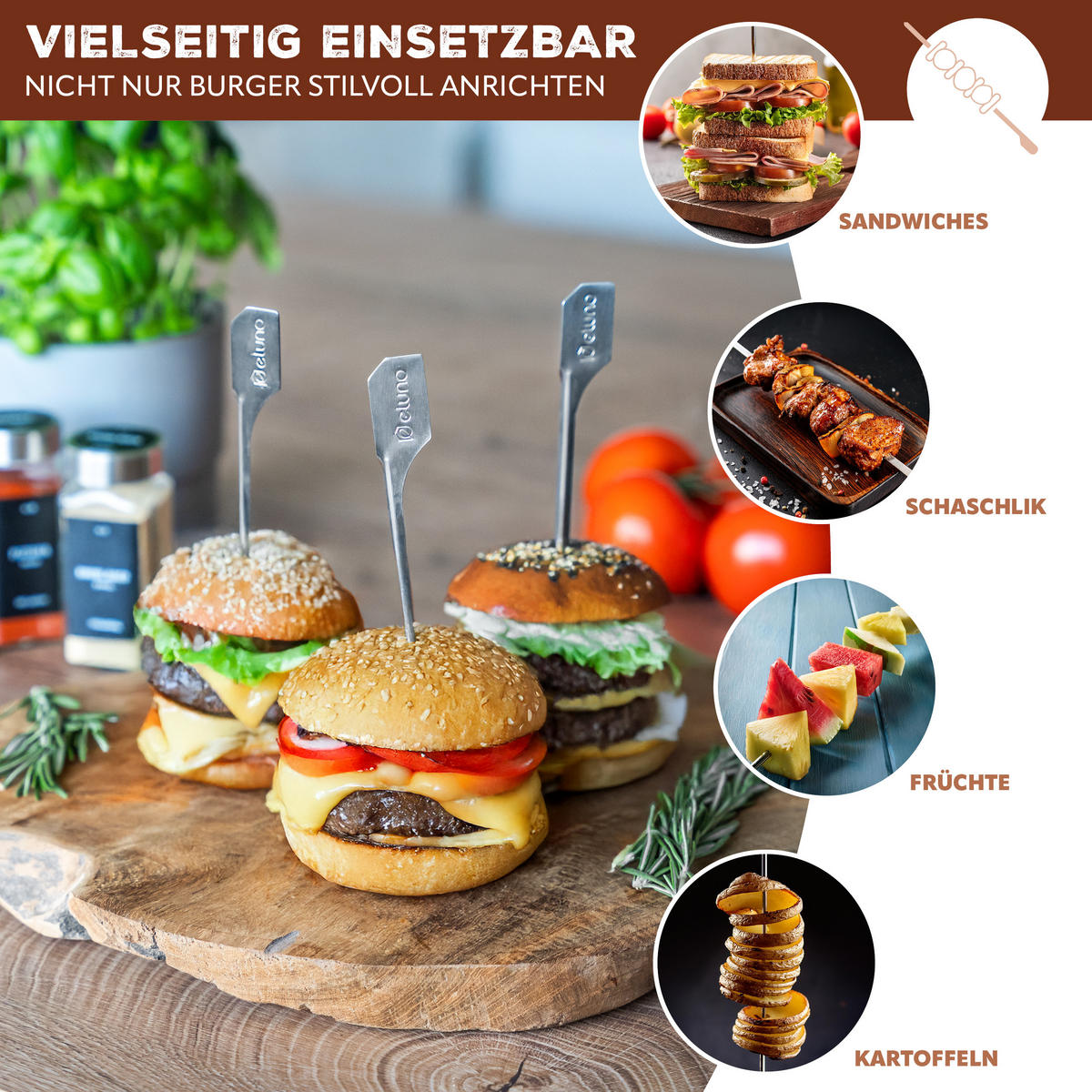 BURGERSPIESSE 4tlg. - Edelstahlfarben, Metall (0.6/0.3/19cm) - eluno