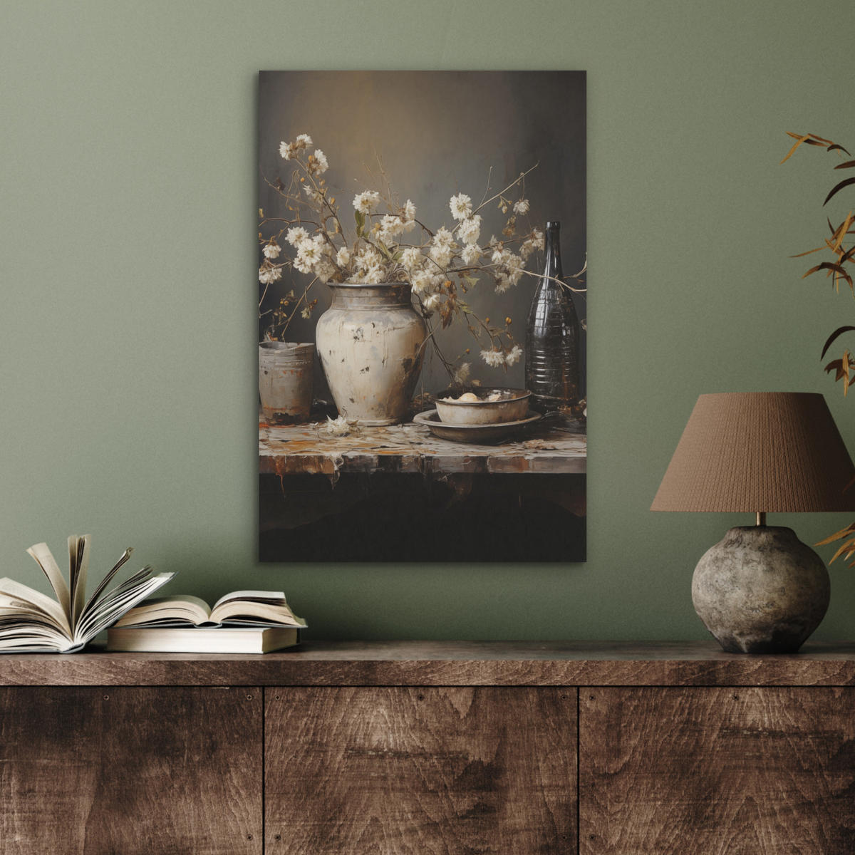 AKUSTICKÝ OBRAZ Zátišie - Kvety - Kytica - Váza - Víno 50x70 cm - čierna, plast (50/70/0.9cm) - MuchoWow