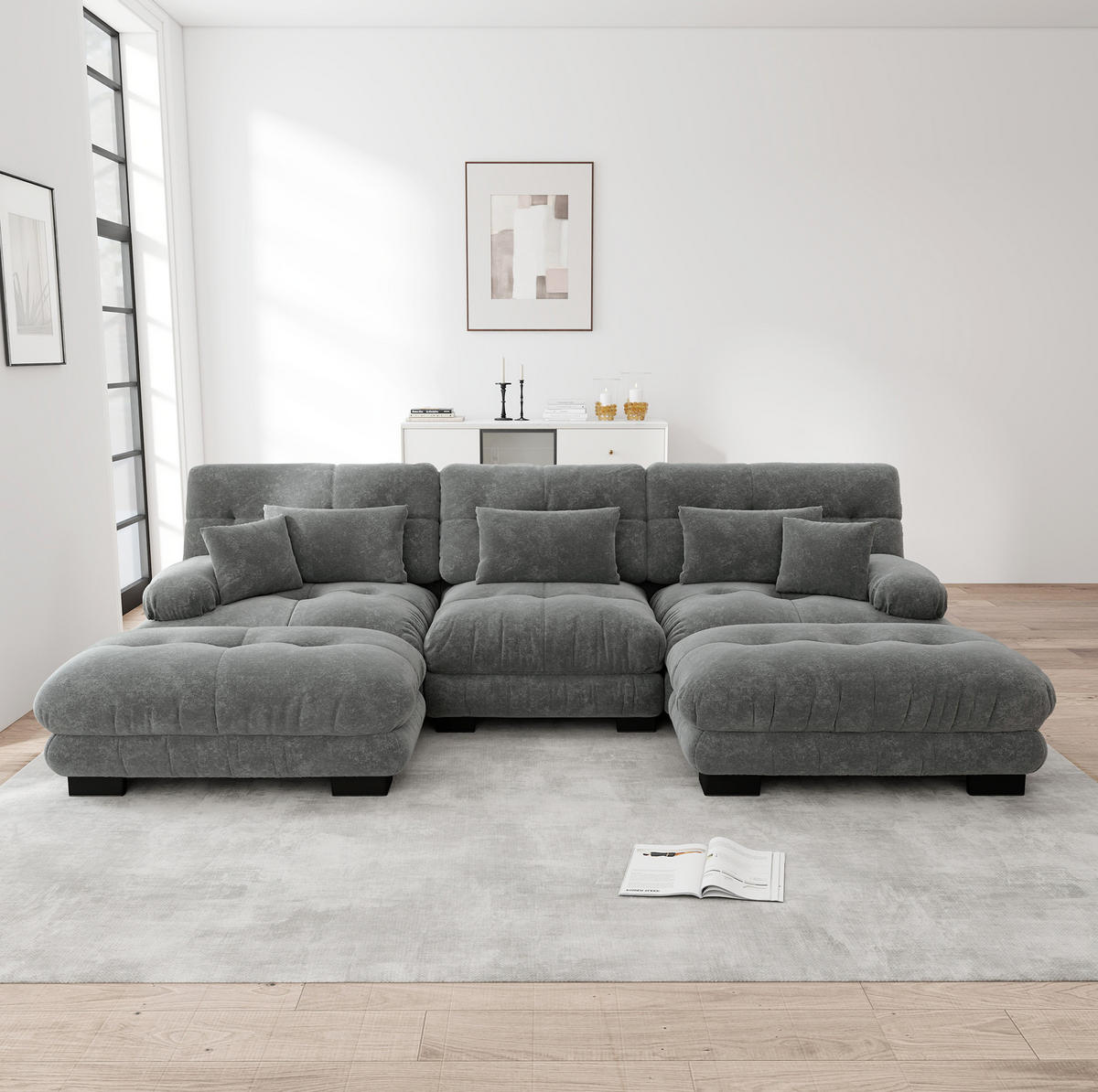 WOHNLANDSCHAFT in Grau aus Chenille mit Ottoman und Cloud-Sitzkomfort - Grau, Textil (145/81/313cm) - Flora Grace
