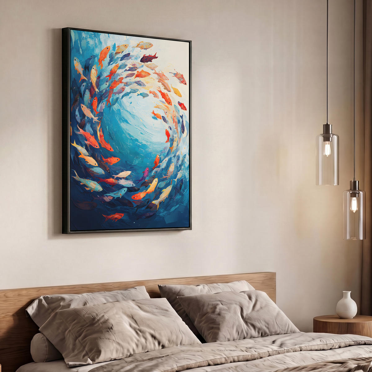 LEINWAND Bilder mit Rahmen - Meer - Fische - Bunt - Dynamisch - 70x100 - Hellblau, Textil (70/100cm) - MuchoWow