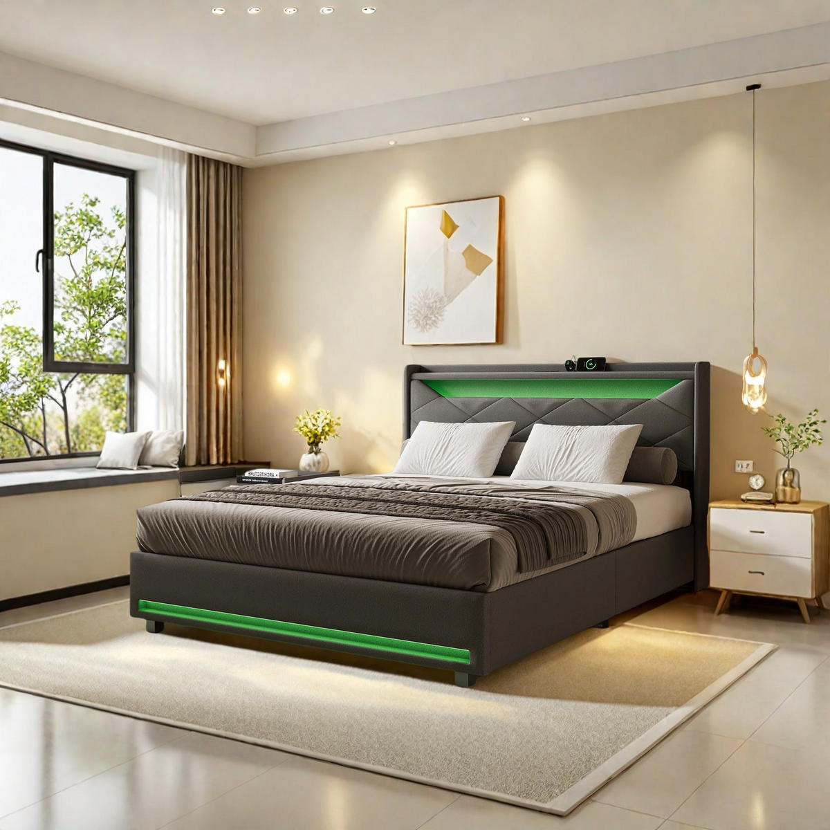 POLSTERBETT 140x200 cm Grau Stoff LED USB Stauraum - Grau, Metall - SHOPENTRA
