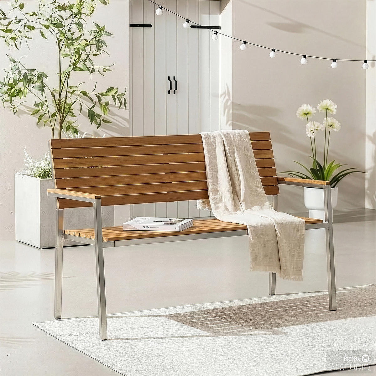 GARTENBANK - Teak massiv / Edelstahl - Silberfarben/Braun, Holz/Metall (114/86/55cm) - home24