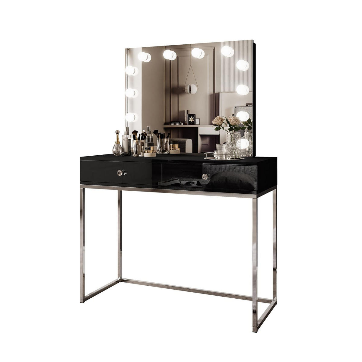 SCHMINKTISCH BLANCO GLAMOUR ELITE mit Spiegel und Beleuchtung Schwarz Hochglanz Kristallgriff - Schwarz Hochglanz/Silberfarben, Holzwerkstoff (100/146/42cm) - Lookway