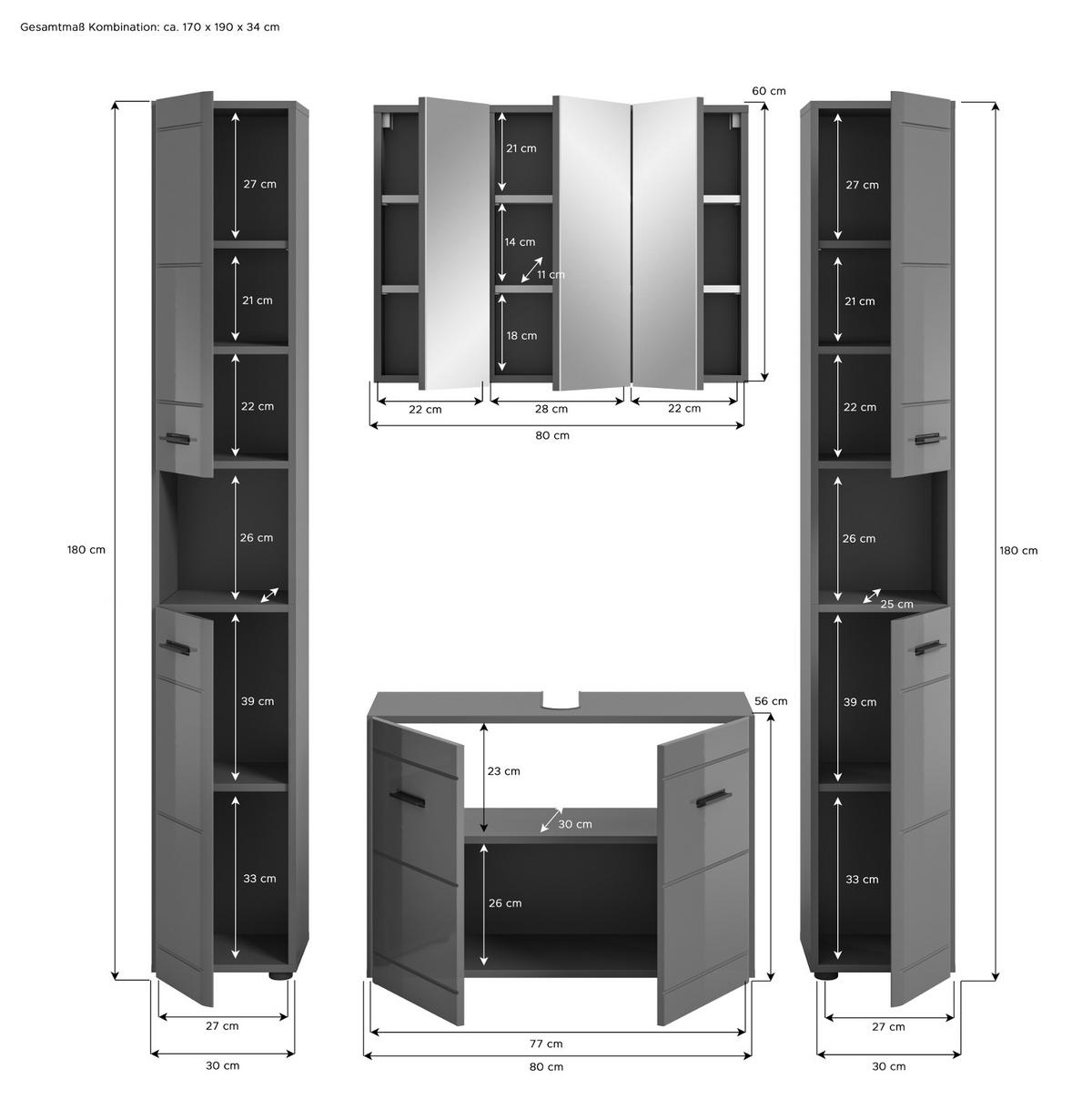 BADMÖBEL-SET grau Hochglanz 4-teilig, Komplettset mit Soft-Close - Grau, Glas/Holzwerkstoff (170/190/34cm) - Inn.Furn