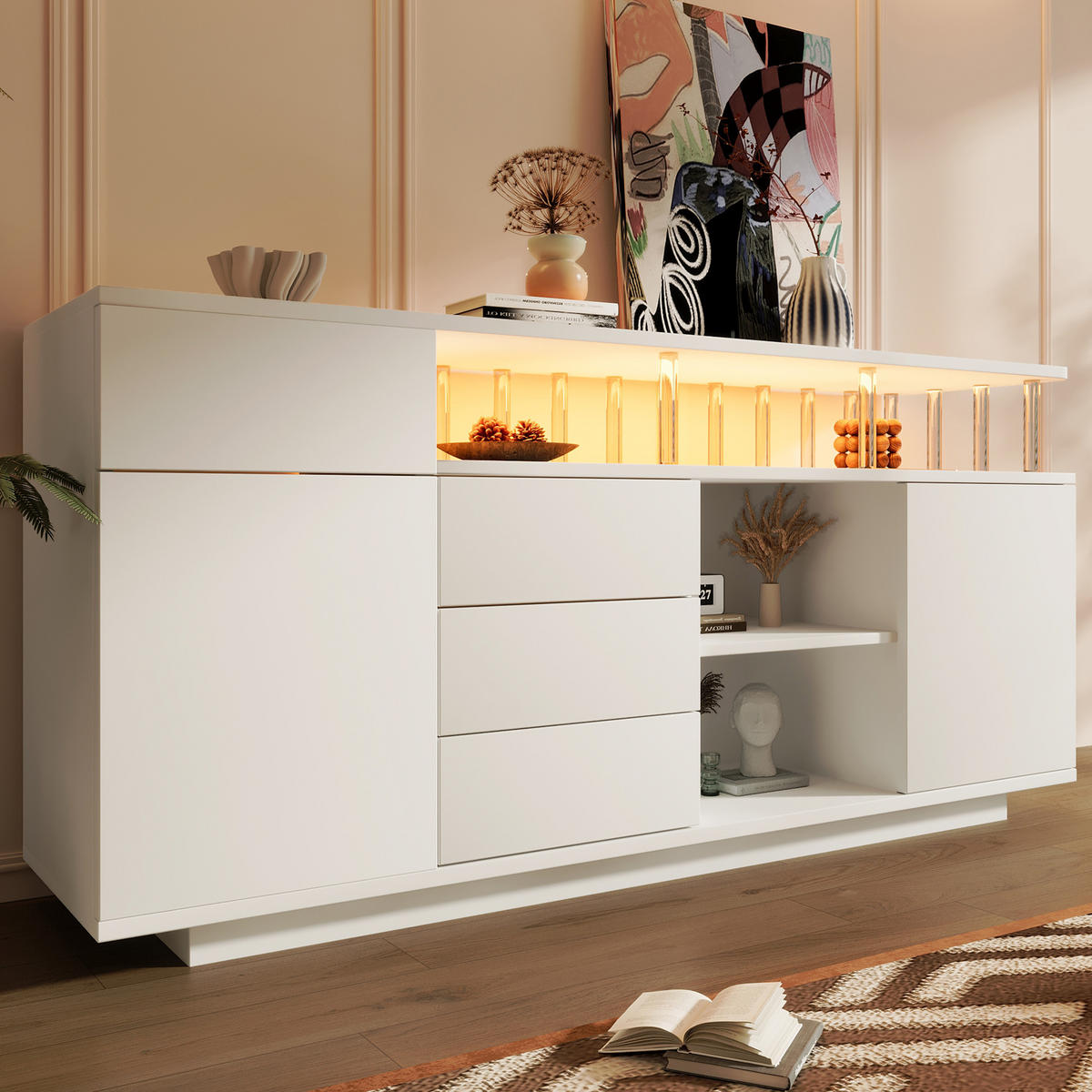 SIDEBOARD 160x40x75 cm Weiß mit LED und 4 Schubladen - Weiß, Holz (160/75/40cm) - FLIEKS