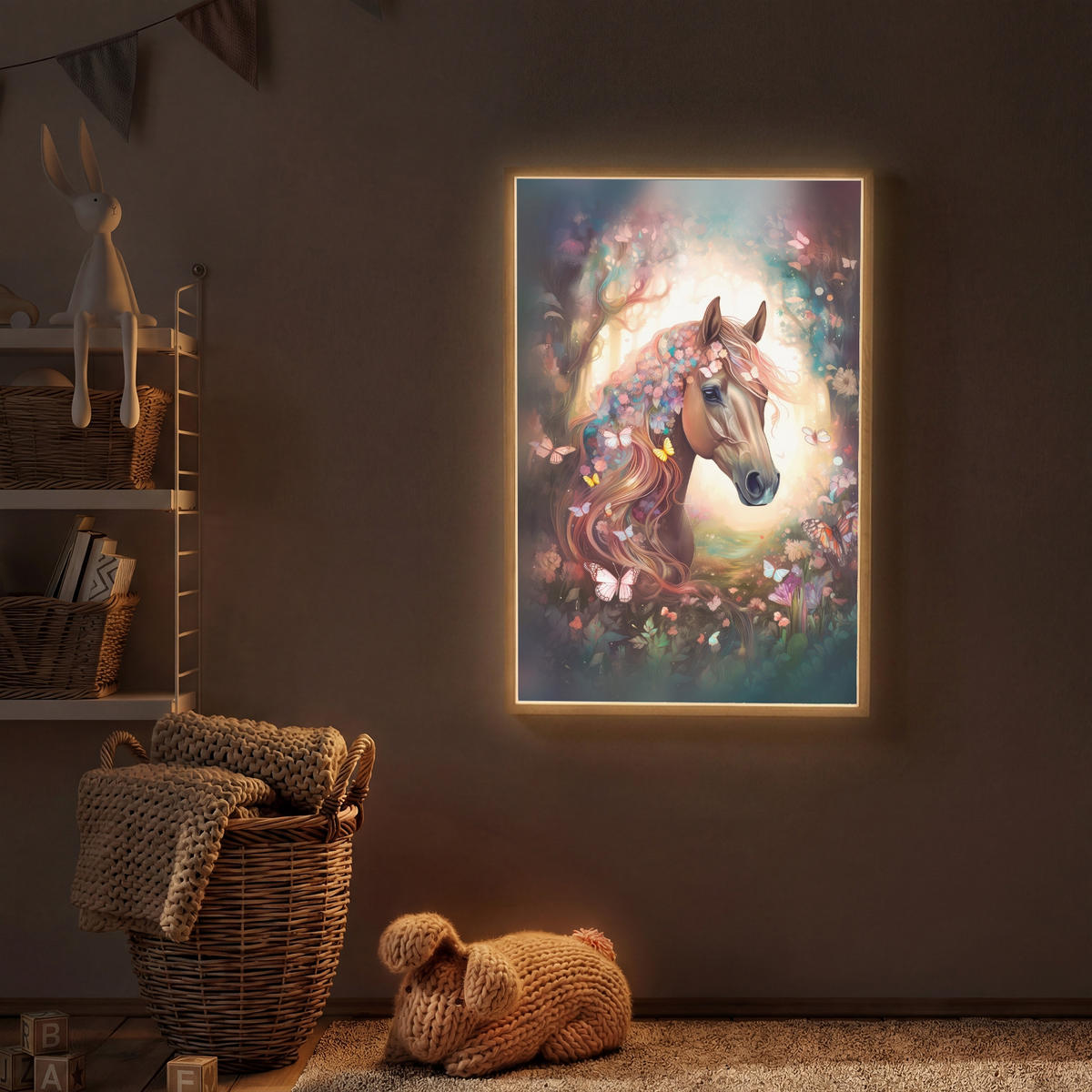 NÁSTĚNNÁ LAMPA S AKUMULÁTOREM Kůň - Příroda - Květiny - Motýli - Les 70x100 cm - tmavě hnědá, kompozitní dřevo (70/100/8cm) - OnlyWow