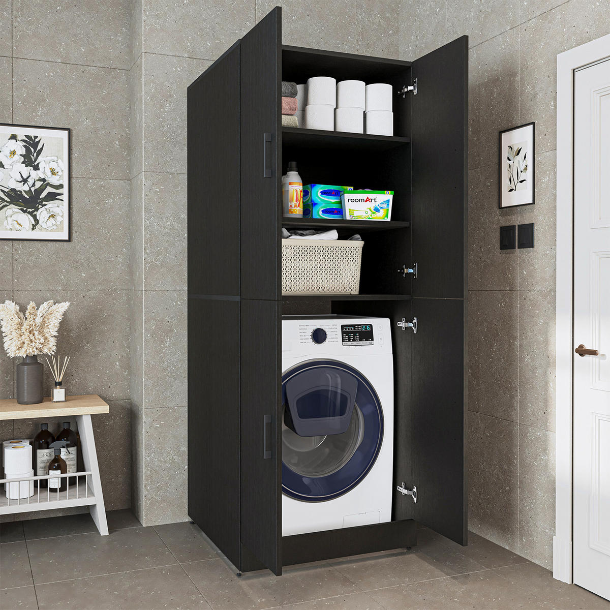 WASCHMASCHINENSCHRANK DORA-II 70cm Breit - Schwarz, Holzwerkstoff (70/186/74cm)
