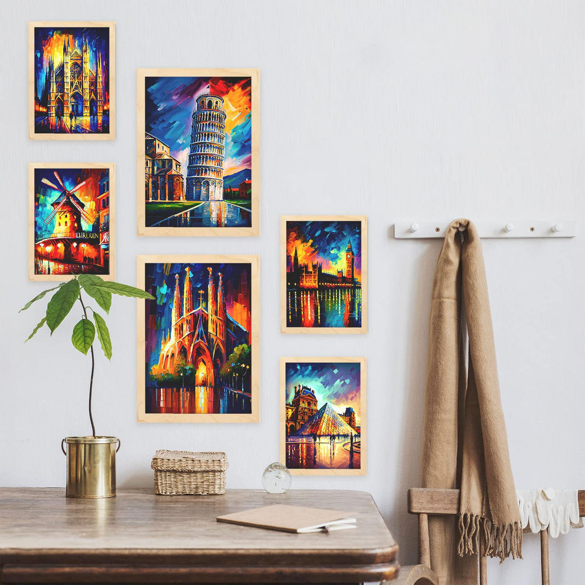 POSTER Set Mit 6 Orange Im Ölgemälde Stil A3 & A4 Rahmen Aus Hellem Holz - Beige, Papier (29/3cm) - Nacnic